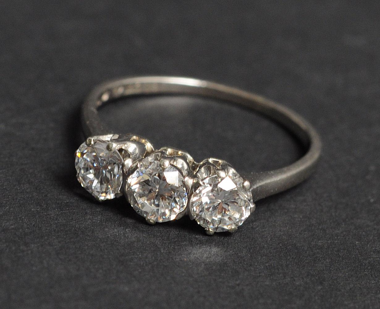 1.3 Carat Vintage Transitional Cut Brilliant Diamond Three Stone Ring For Sale 4