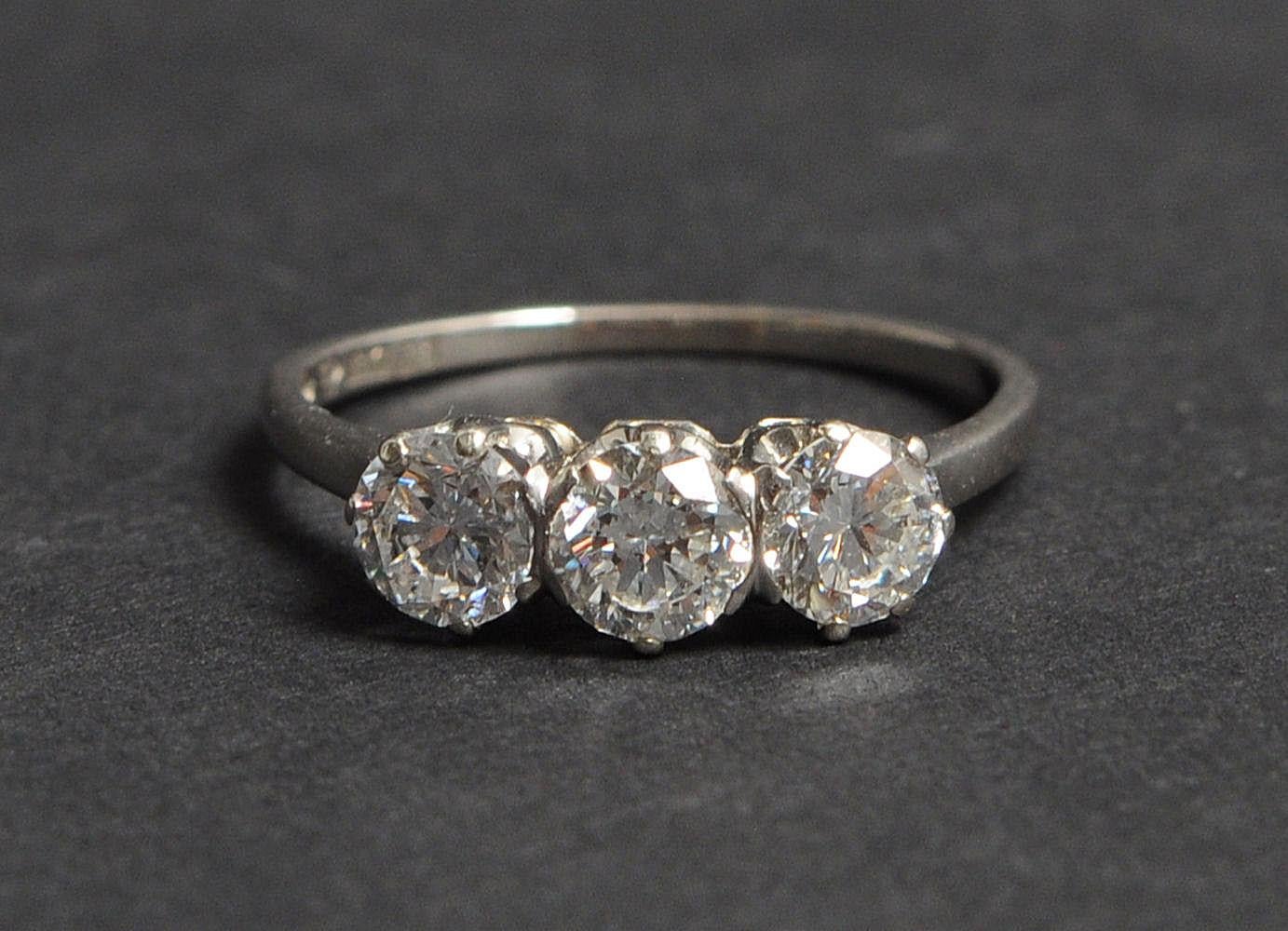 Brilliant Cut 1.3 Carat Vintage Transitional Cut Brilliant Diamond Three Stone Ring For Sale