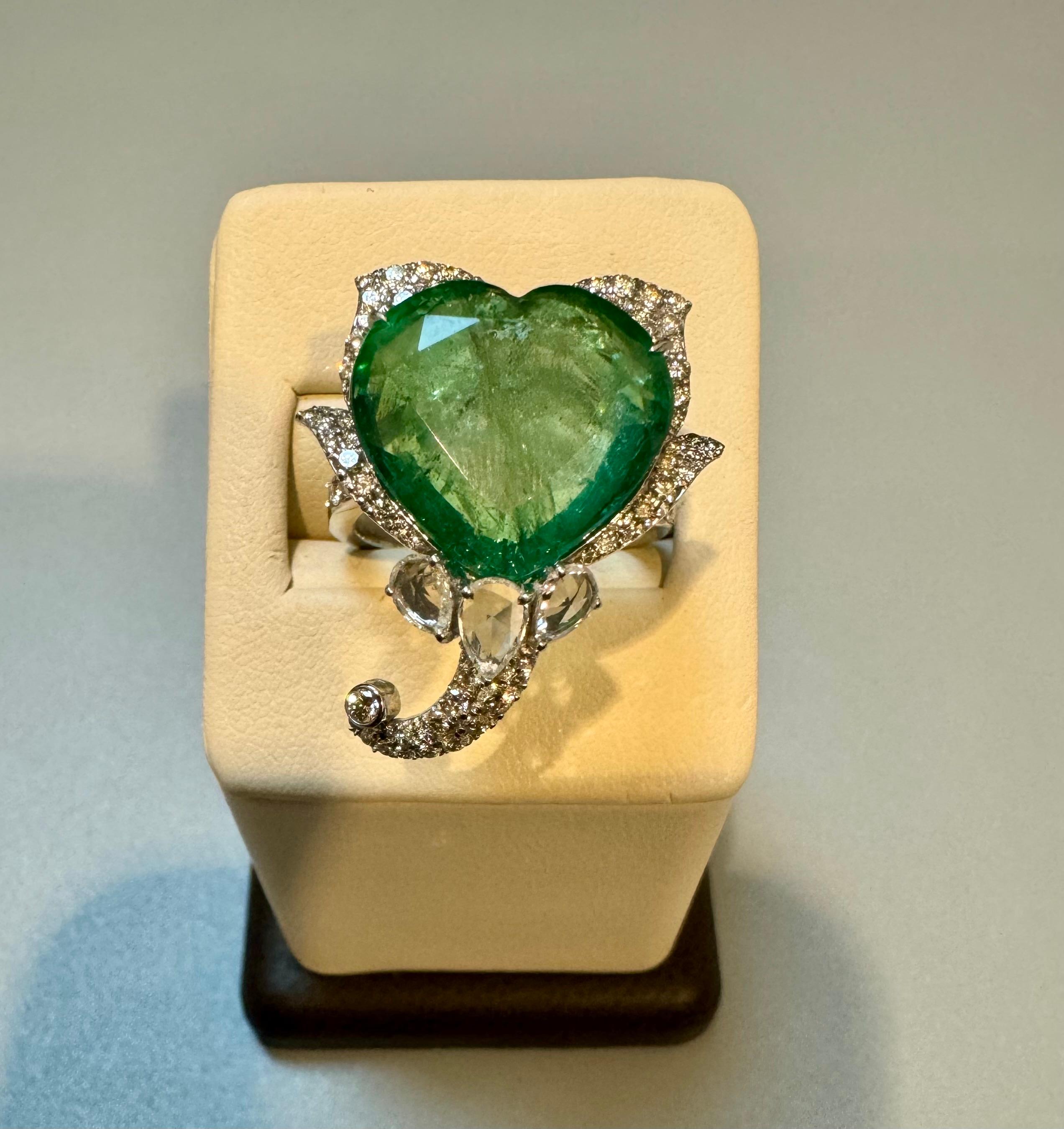 13 Ct  Zambian Heart Cut Emerald & 1.5 Ct Diamond Ring, 18 Kt Gold Size 8.5  For Sale 7