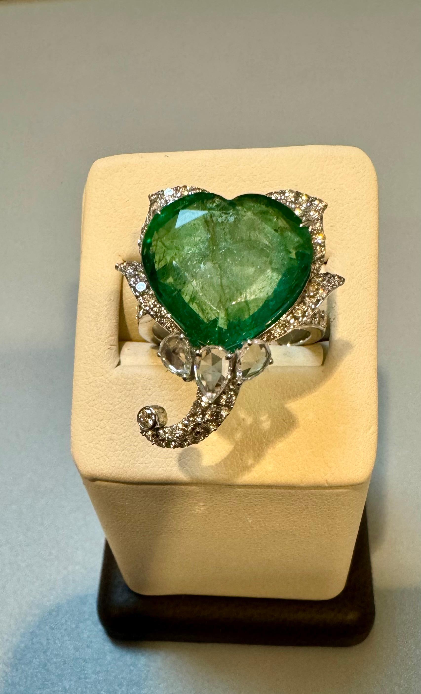13 Ct  Zambian Heart Cut Emerald & 1.5 Ct Diamond Ring, 18 Kt Gold Size 8.5 For Sale 8