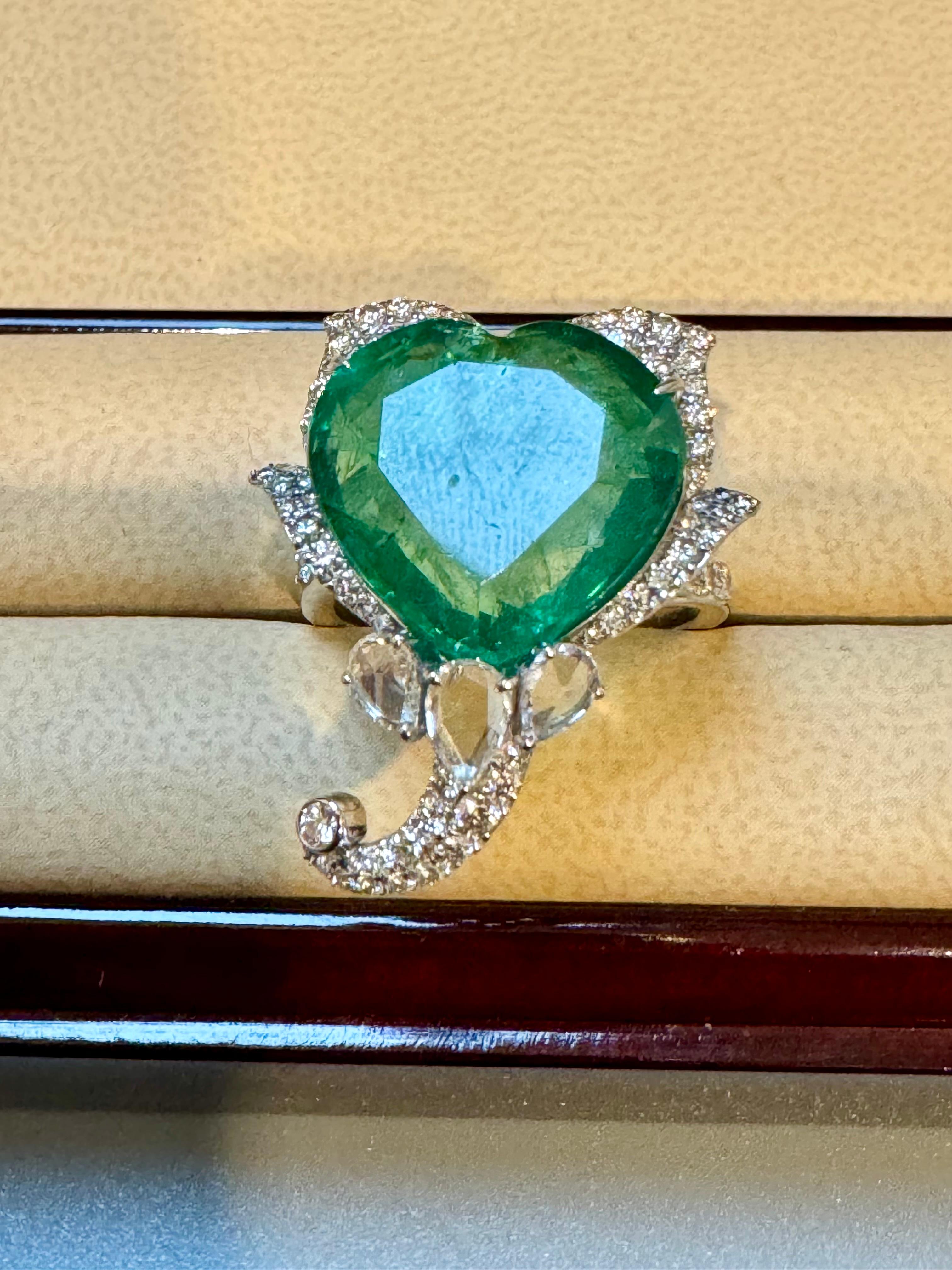 Women's 13 Ct  Zambian Heart Cut Emerald & 1.5 Ct Diamond Ring, 18 Kt Gold Size 8.5  For Sale