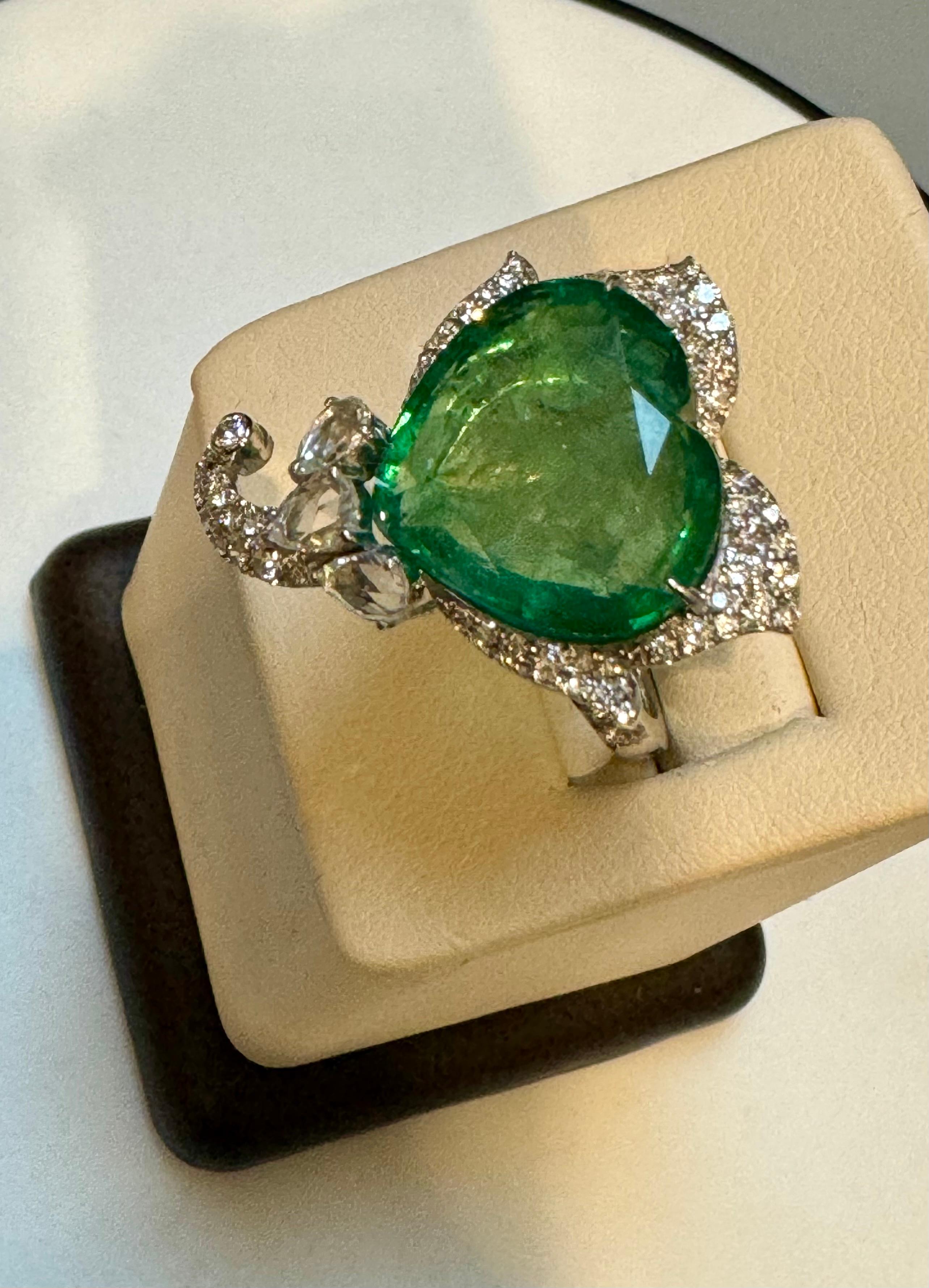 13 Ct  Zambian Heart Cut Emerald & 1.5 Ct Diamond Ring, 18 Kt Gold Size 8.5  For Sale 1