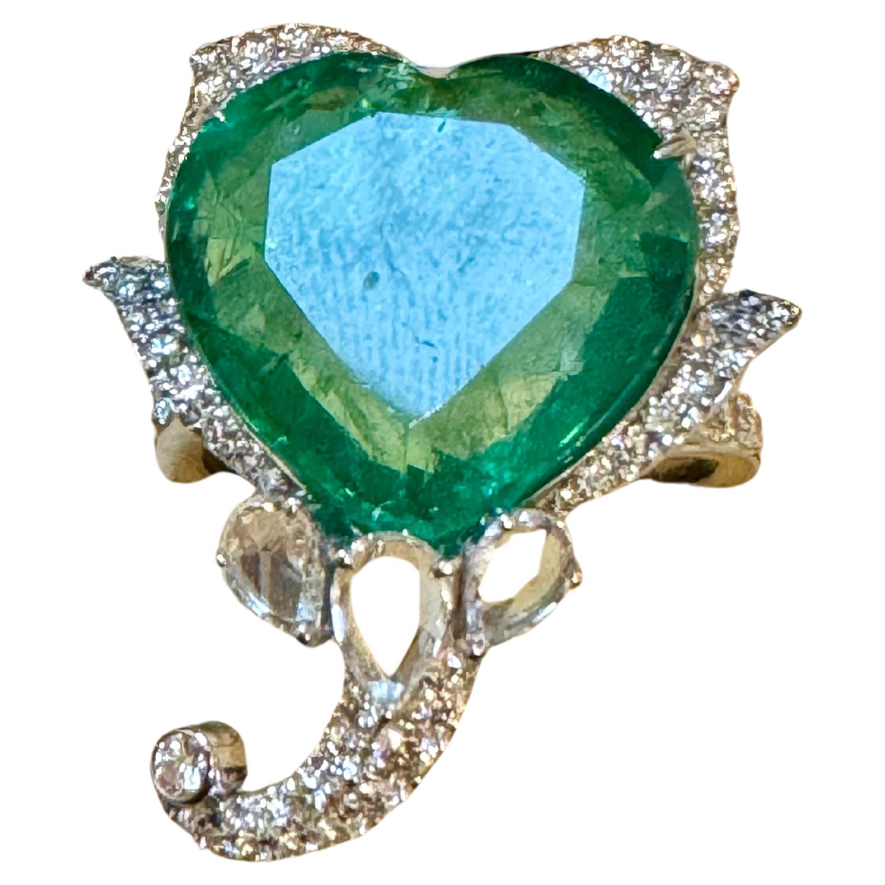 13 Ct  Zambian Heart Cut Emerald & 1.5 Ct Diamond Ring, 18 Kt Gold Size 8.5  For Sale