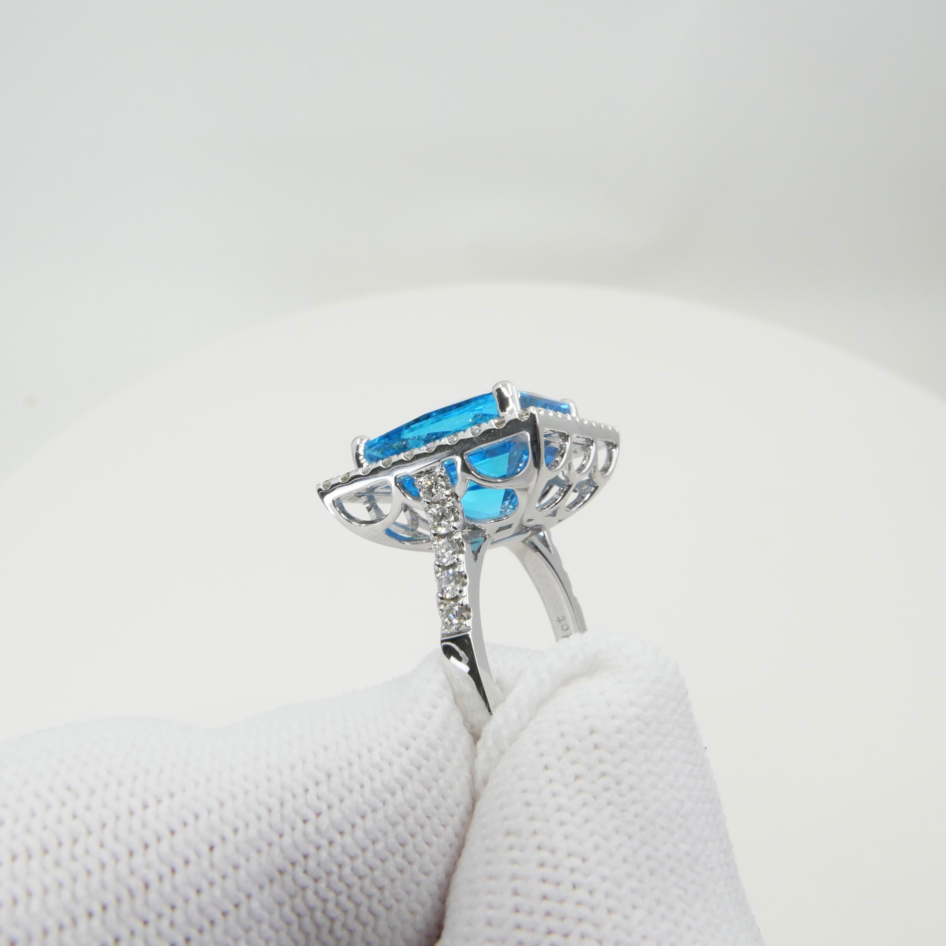  13 Cts checker Square Cut Blue Topaz & Diamond Cocktail Ring. Big Statement. For Sale 1