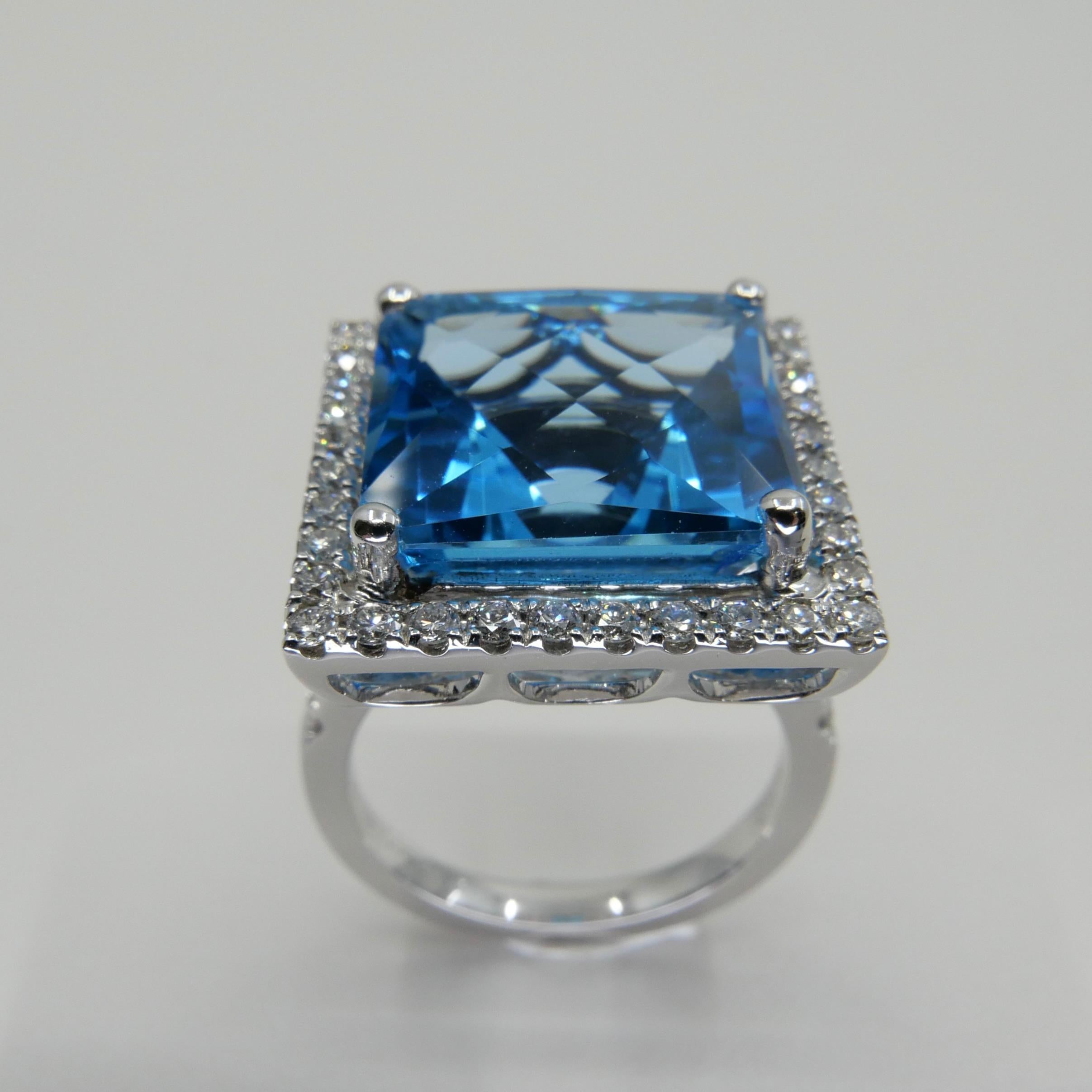  13 Cts checker Square Cut Blue Topaz & Diamond Cocktail Ring. Big Statement. For Sale 2
