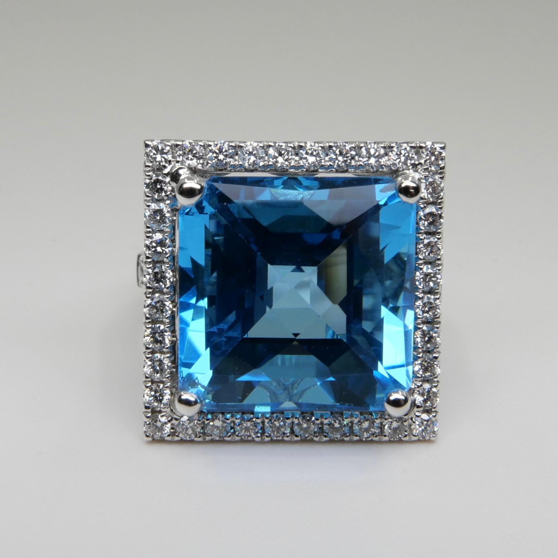  13 Cts checker Square Cut Blue Topaz & Diamond Cocktail Ring. Big Statement. For Sale 4