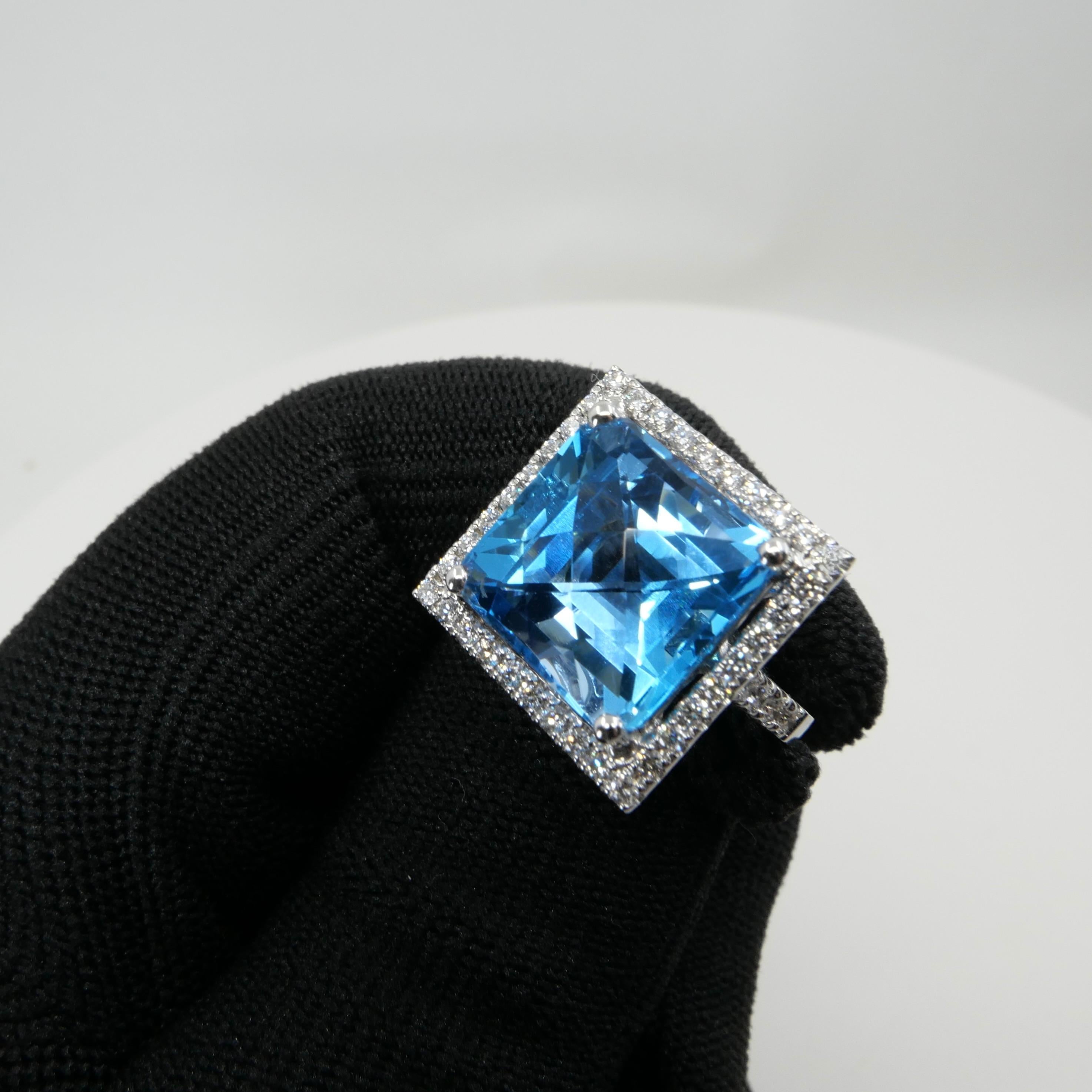  13 Cts checker Square Cut Blue Topaz & Diamond Cocktail Ring. Big Statement. For Sale 6