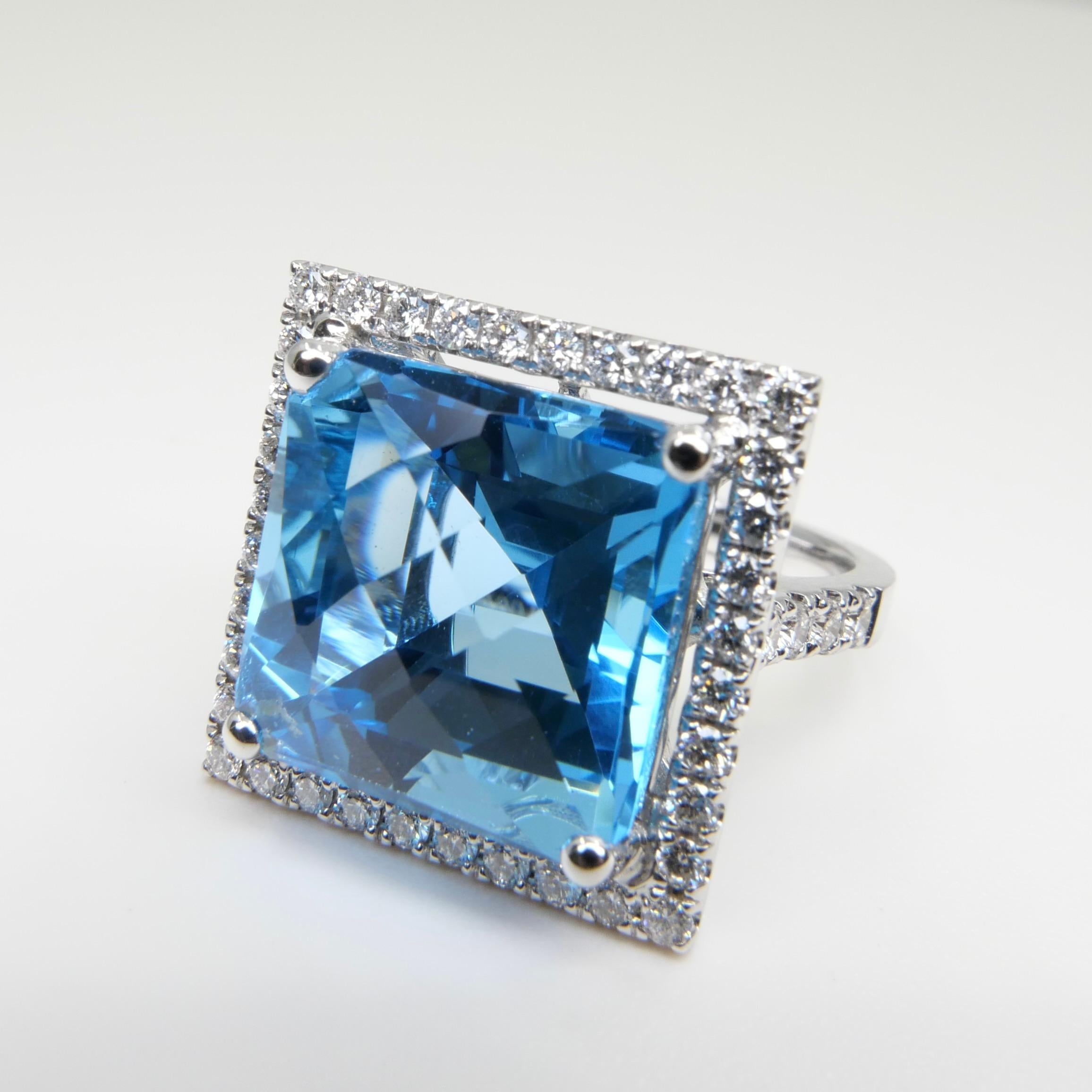  13 Cts checker Square Cut Blue Topaz & Diamond Cocktail Ring. Big Statement. For Sale 7