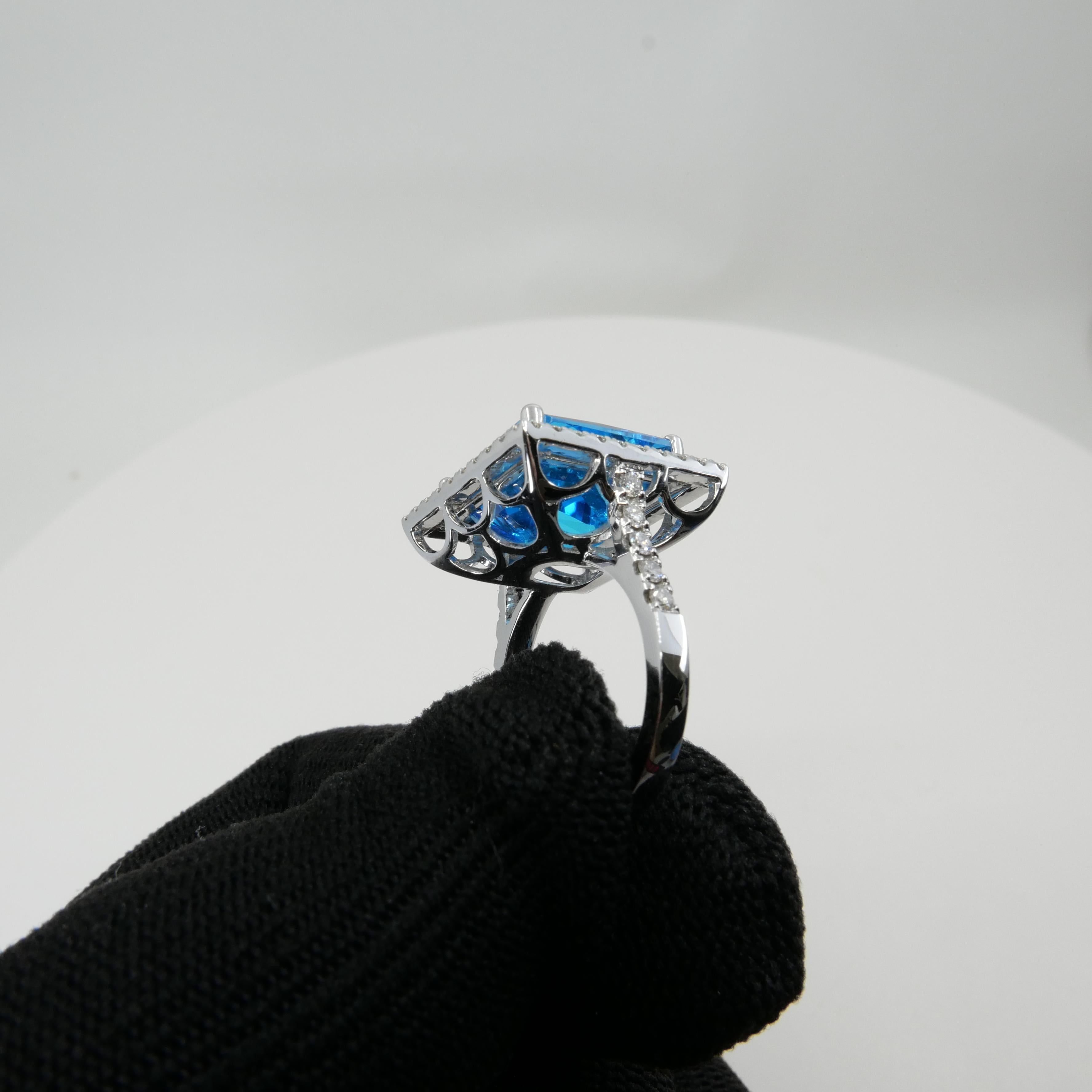 13 Cts checker Square Cut Blue Topaz & Diamond Cocktail Ring. Big Statement. For Sale 8