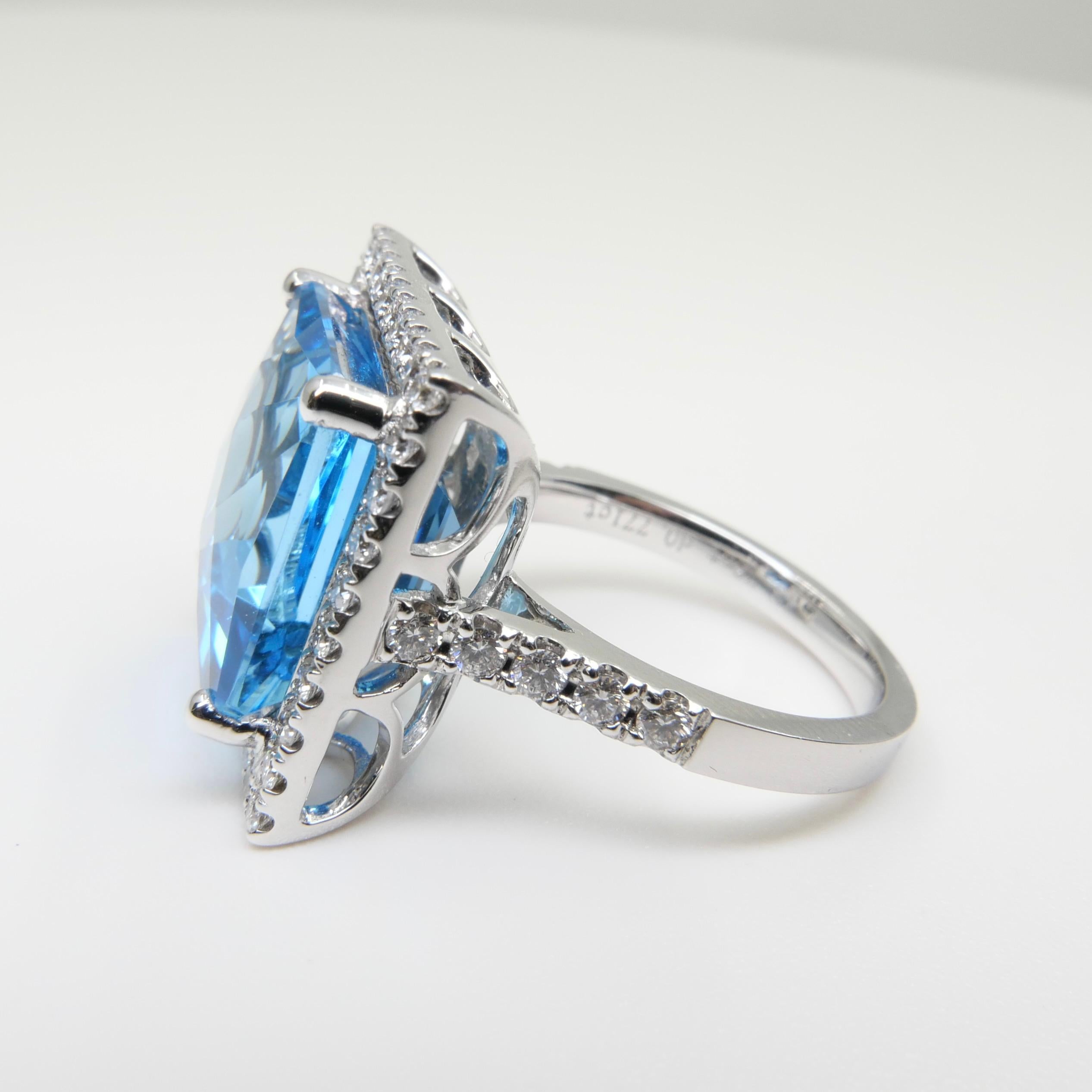  13 Cts checker Square Cut Blue Topaz & Diamond Cocktail Ring. Big Statement. For Sale 9