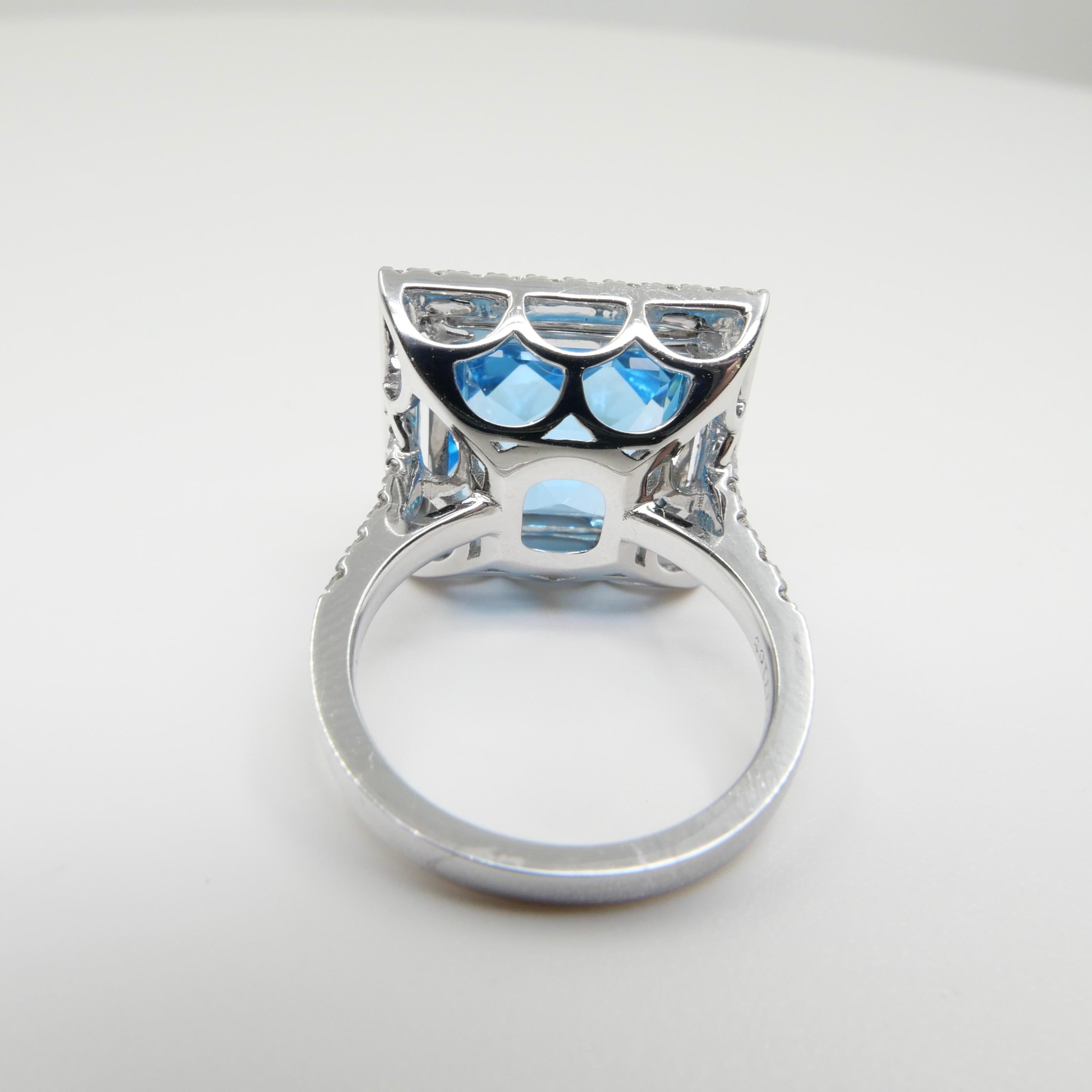  13 Cts checker Square Cut Blue Topaz & Diamond Cocktail Ring. Big Statement. For Sale 10