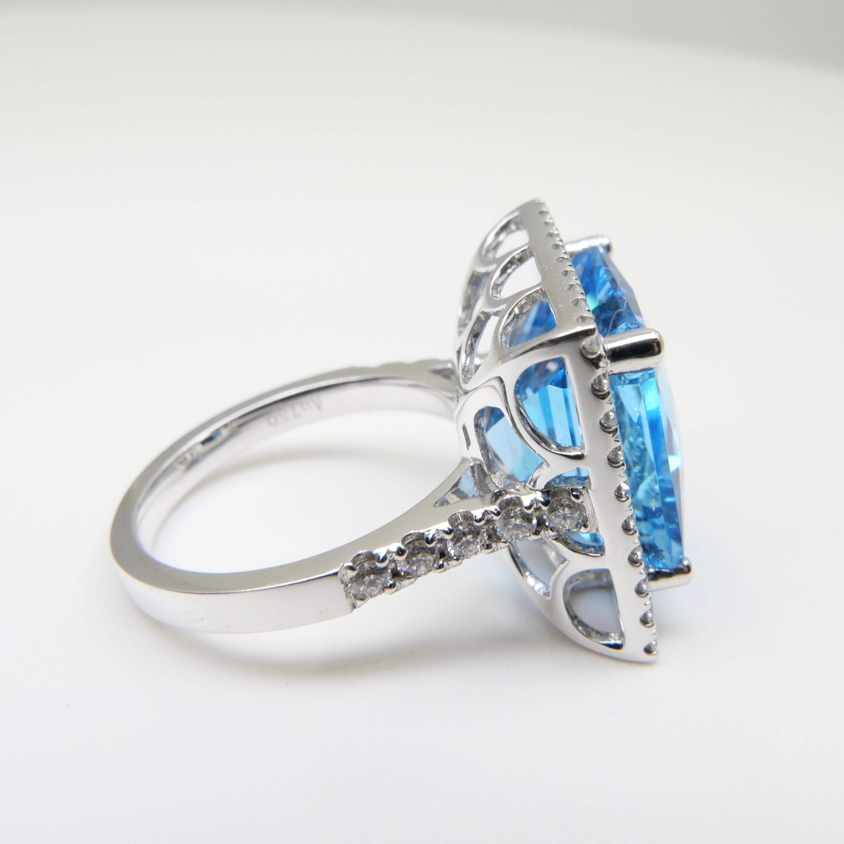  13 Cts checker Square Cut Blue Topaz & Diamond Cocktail Ring. Big Statement. For Sale 11
