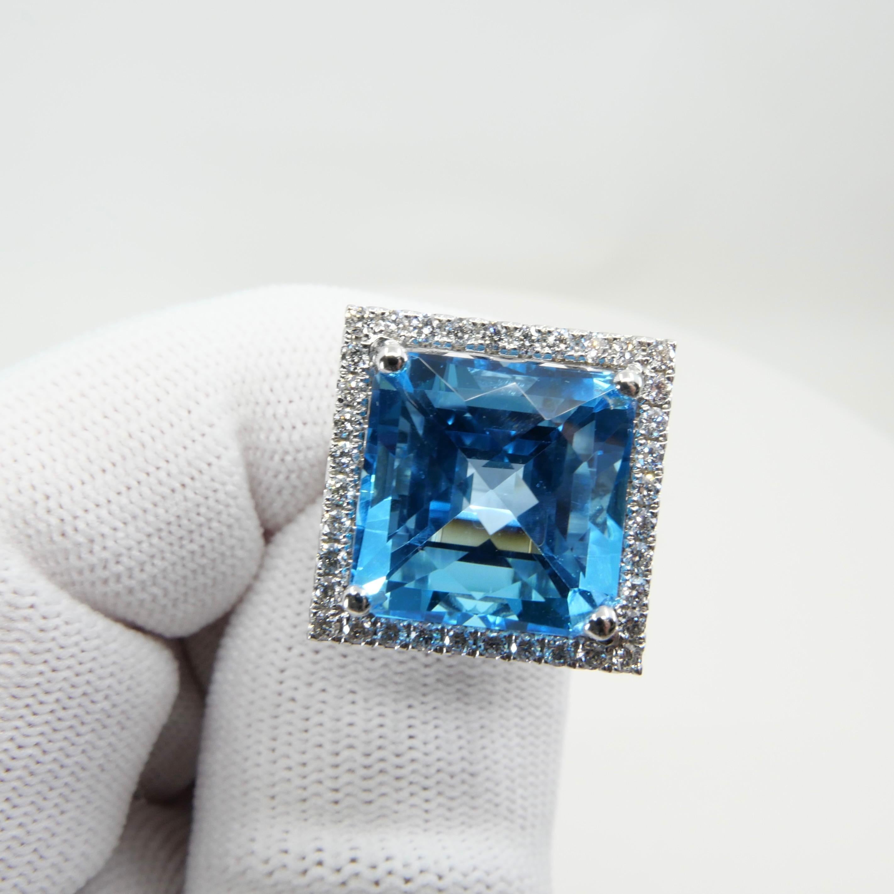  13 Cts checker Square Cut Blue Topaz & Diamond Cocktail Ring. Big Statement. For Sale 12