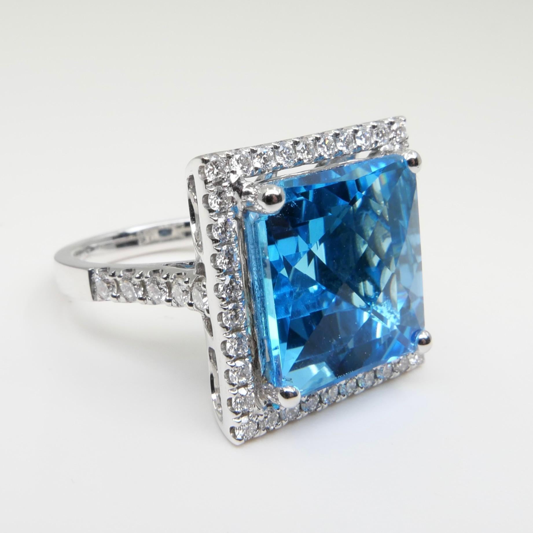  13 Cts checker Square Cut Blue Topaz & Diamond Cocktail Ring. Big Statement. For Sale 5