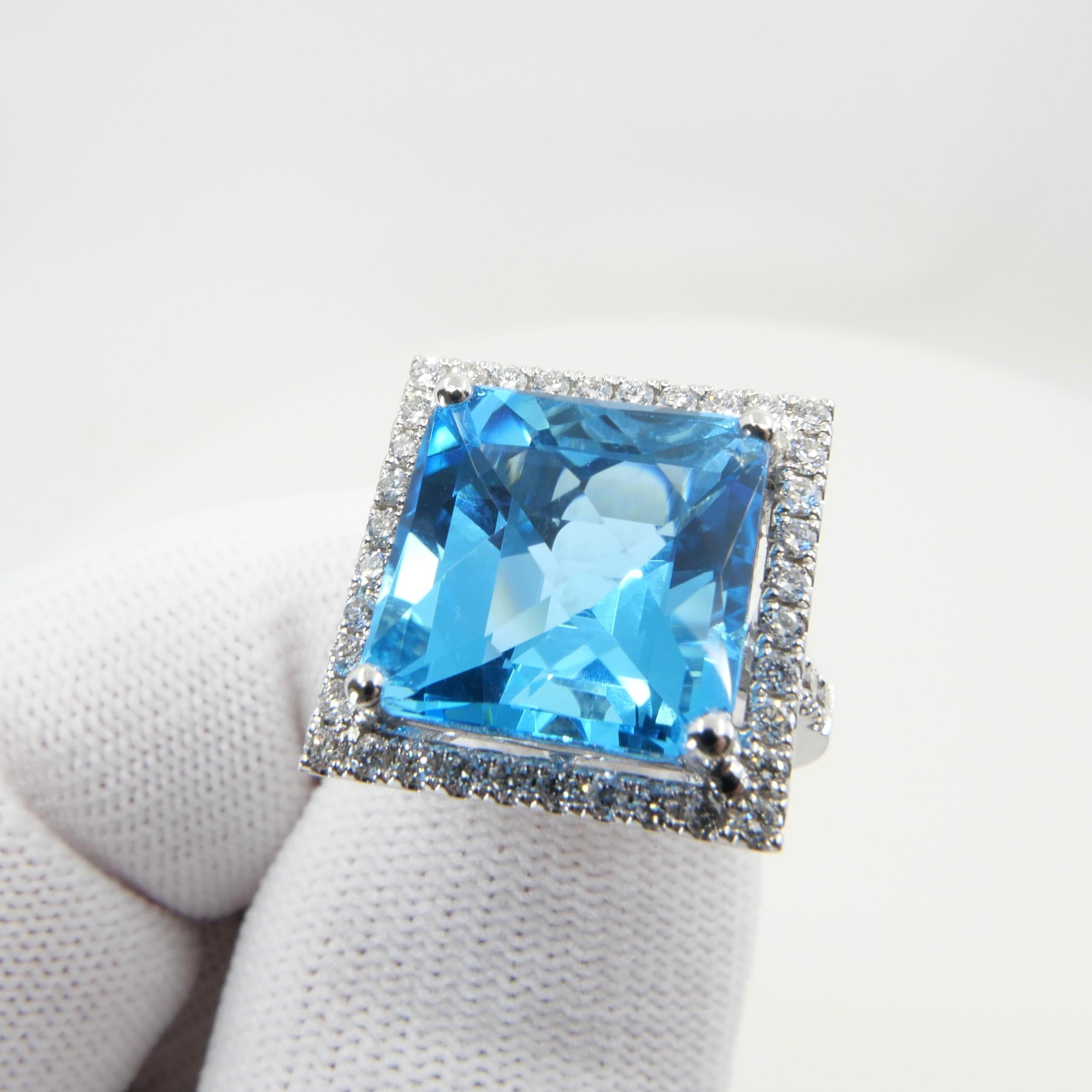 Contemporary  13 Cts checker Square Cut Blue Topaz & Diamond Cocktail Ring. Big Statement. For Sale