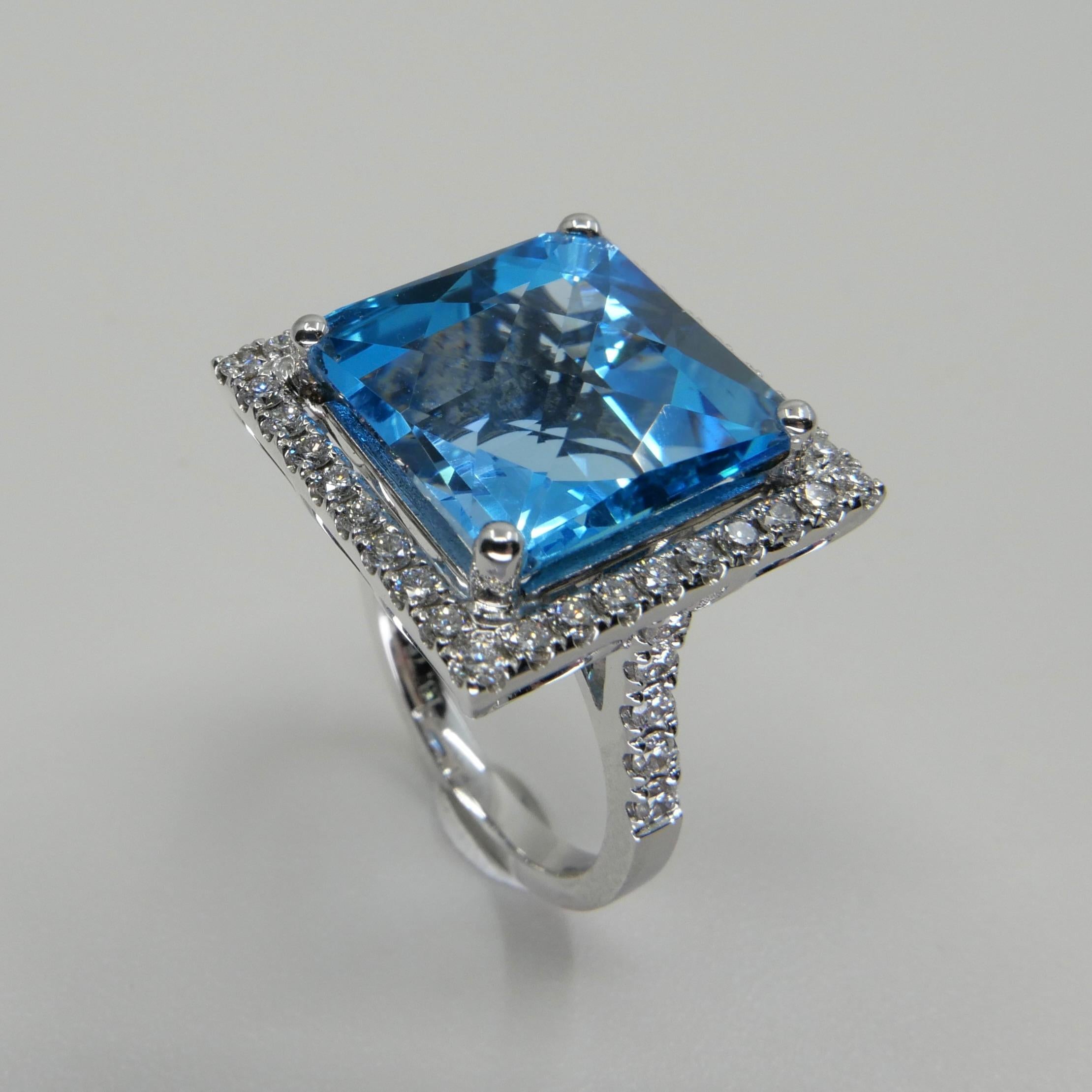  13 Cts checker Square Cut Blue Topaz & Diamond Cocktail Ring. Big Statement. In New Condition For Sale In Hong Kong, HK