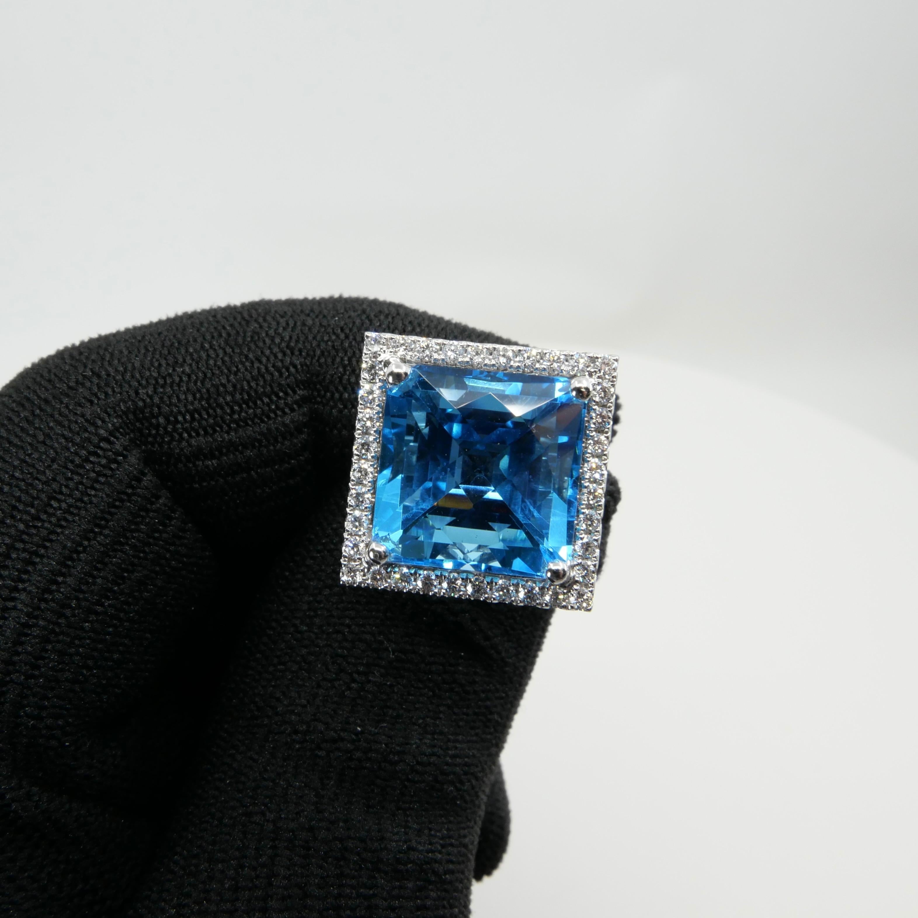Women's  13 Cts checker Square Cut Blue Topaz & Diamond Cocktail Ring. Big Statement. For Sale