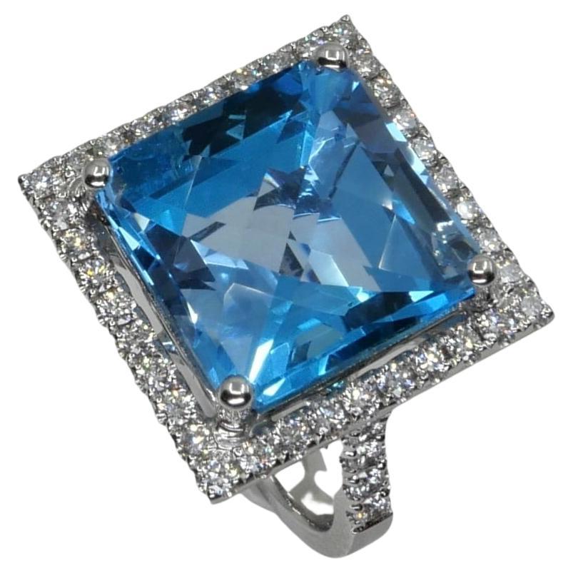  13 Cts checker Square Cut Blue Topaz & Diamond Cocktail Ring. Big Statement.