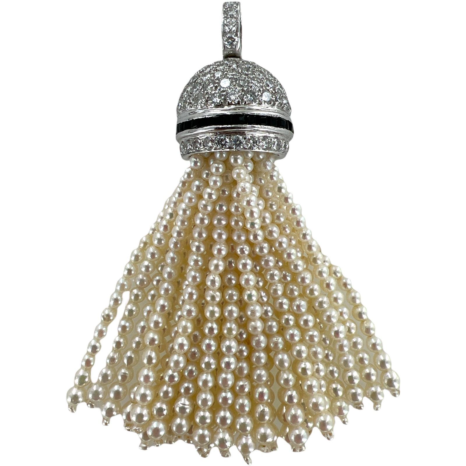 Women's 13 CTW Diamond 18 Karat White Gold Link Necklace Pearl Diamond Onyx Tassel Drop