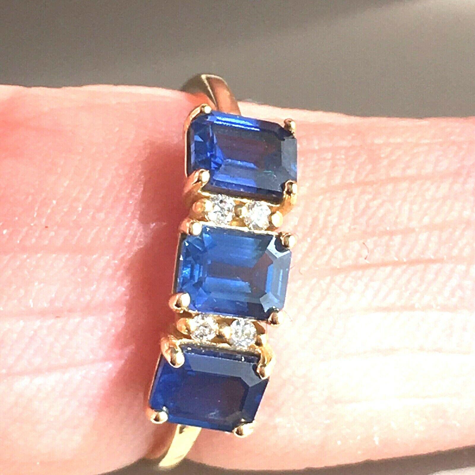 1.3 ctw Emerald Cut Sapphire & Diamond Ring 14k Yellow Gold Three-Stone In New Condition For Sale In Santa Monica, CA