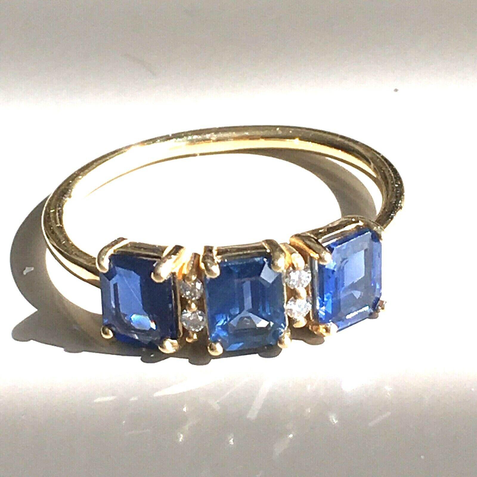 Women's 1.3 ctw Emerald Cut Sapphire & Diamond Ring 14k Yellow Gold Three-Stone For Sale