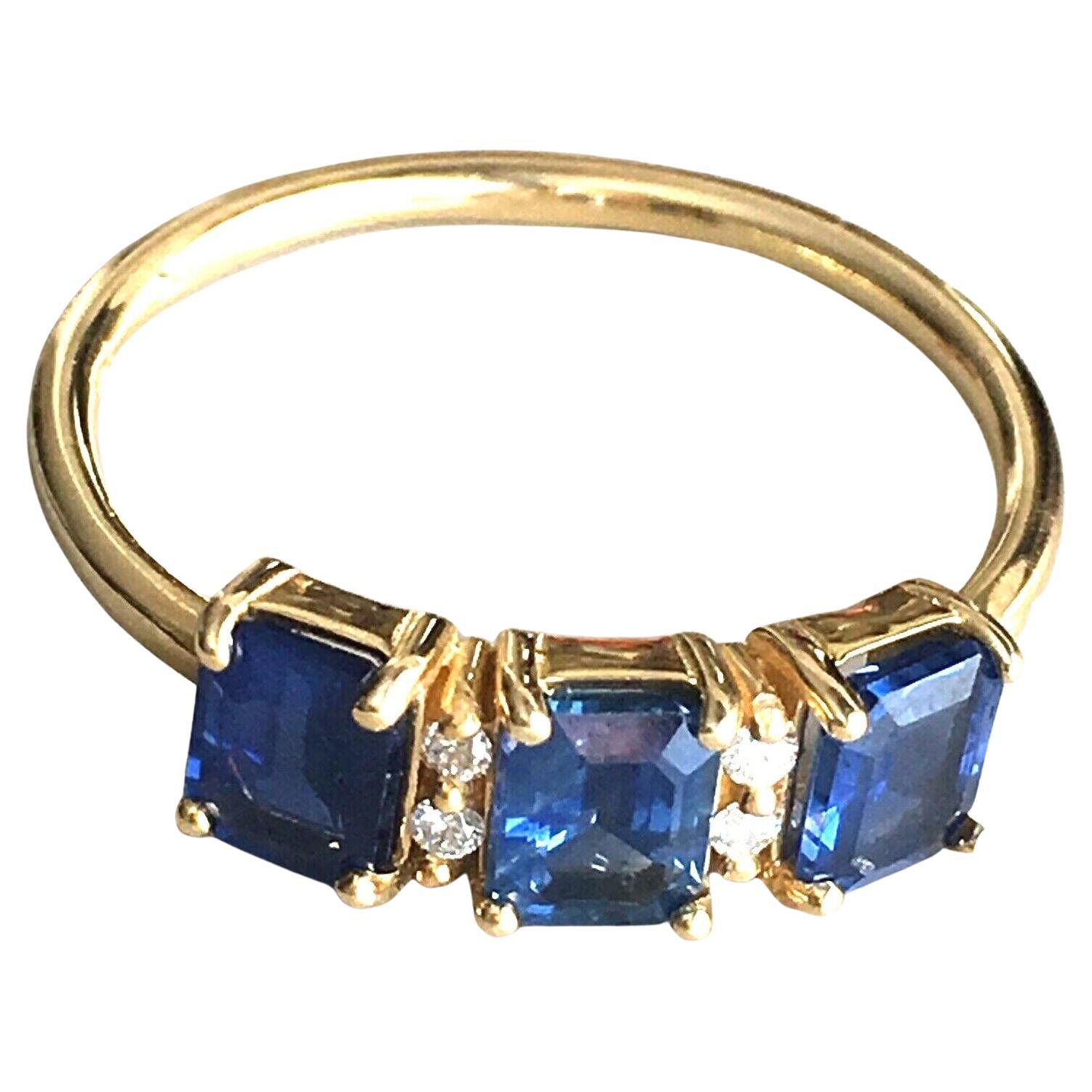 1.3 ctw Emerald Cut Sapphire & Diamond Ring 14k Yellow Gold Three-Stone For Sale