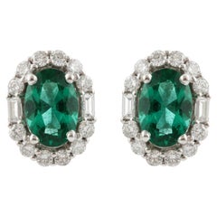 1.3 CTW Natural Zambian Emerald Diamond Halo Stud Earrings 14 Karat White Gold