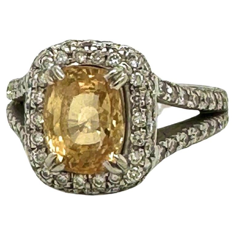 1.3 Cushion Cut Yellow Sapphire Diamond Halo Engagement Ring in 18k White Gold For Sale