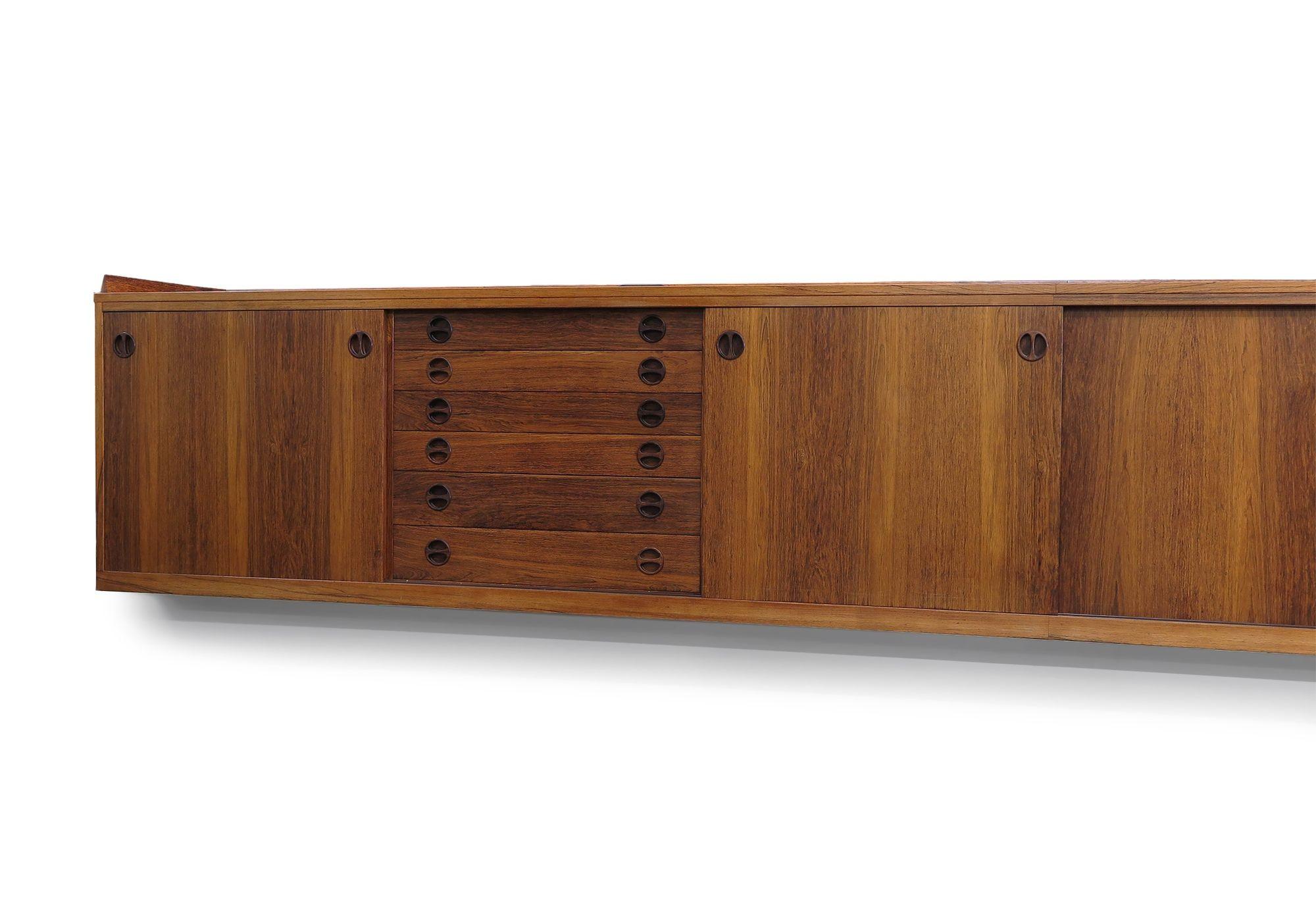 Oiled 13' Danish Rosewood Wall Mount Sideboard For Sale