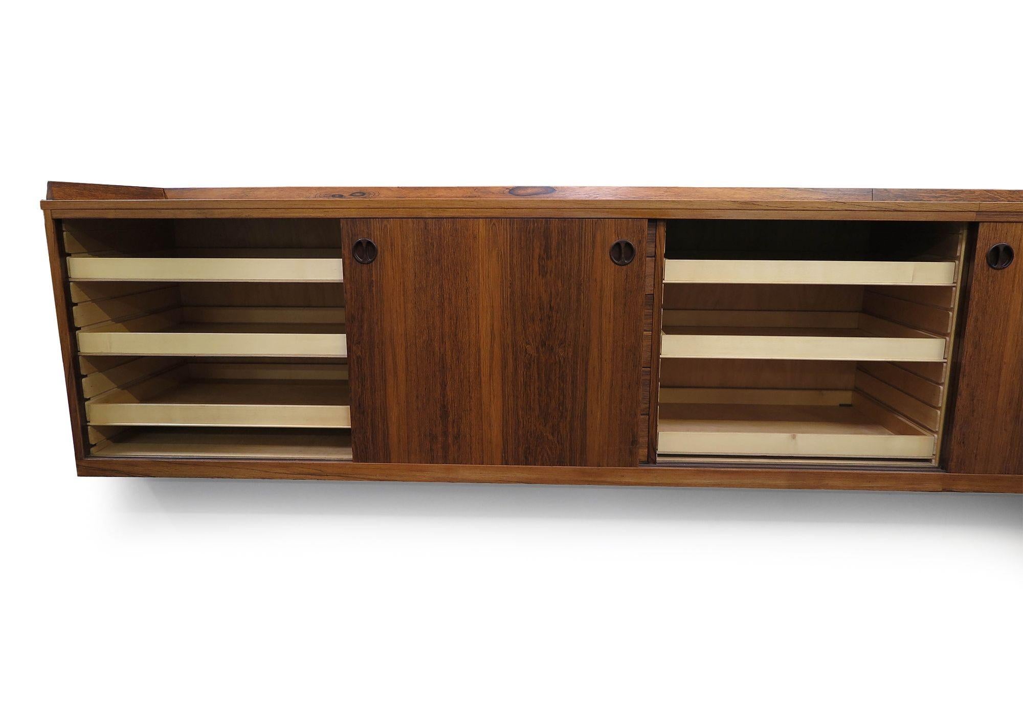 13' Danish Rosewood Wall Mount Sideboard In Good Condition For Sale In Oakland, CA