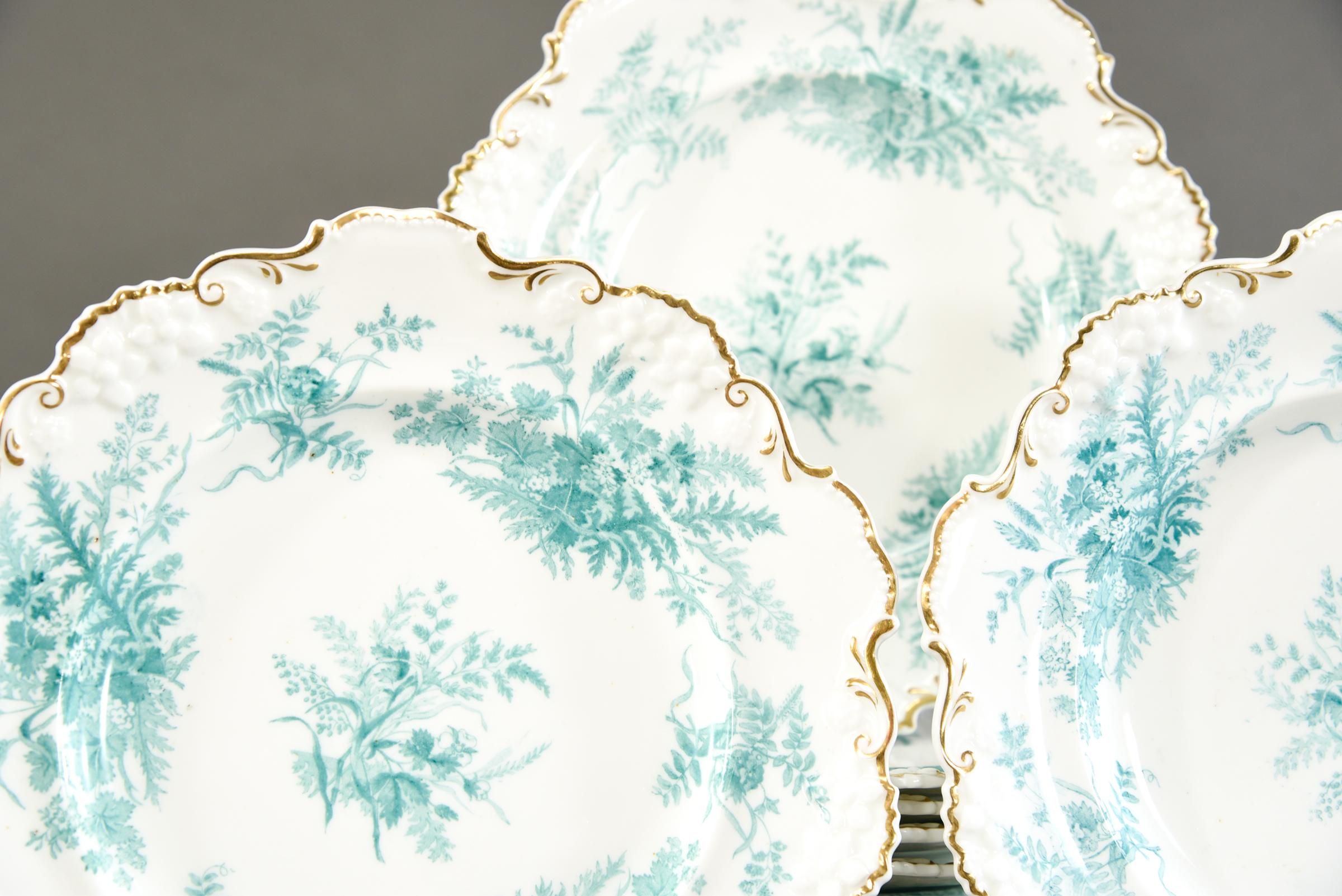 English  13 Davenport 19th c.  Dessert Set W/ Aesthetic Movement Teal Blue Fern Subjects For Sale
