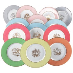 13 English Spode Multi-Colored Fruit Porcelain Dinner Plates, 20th Century