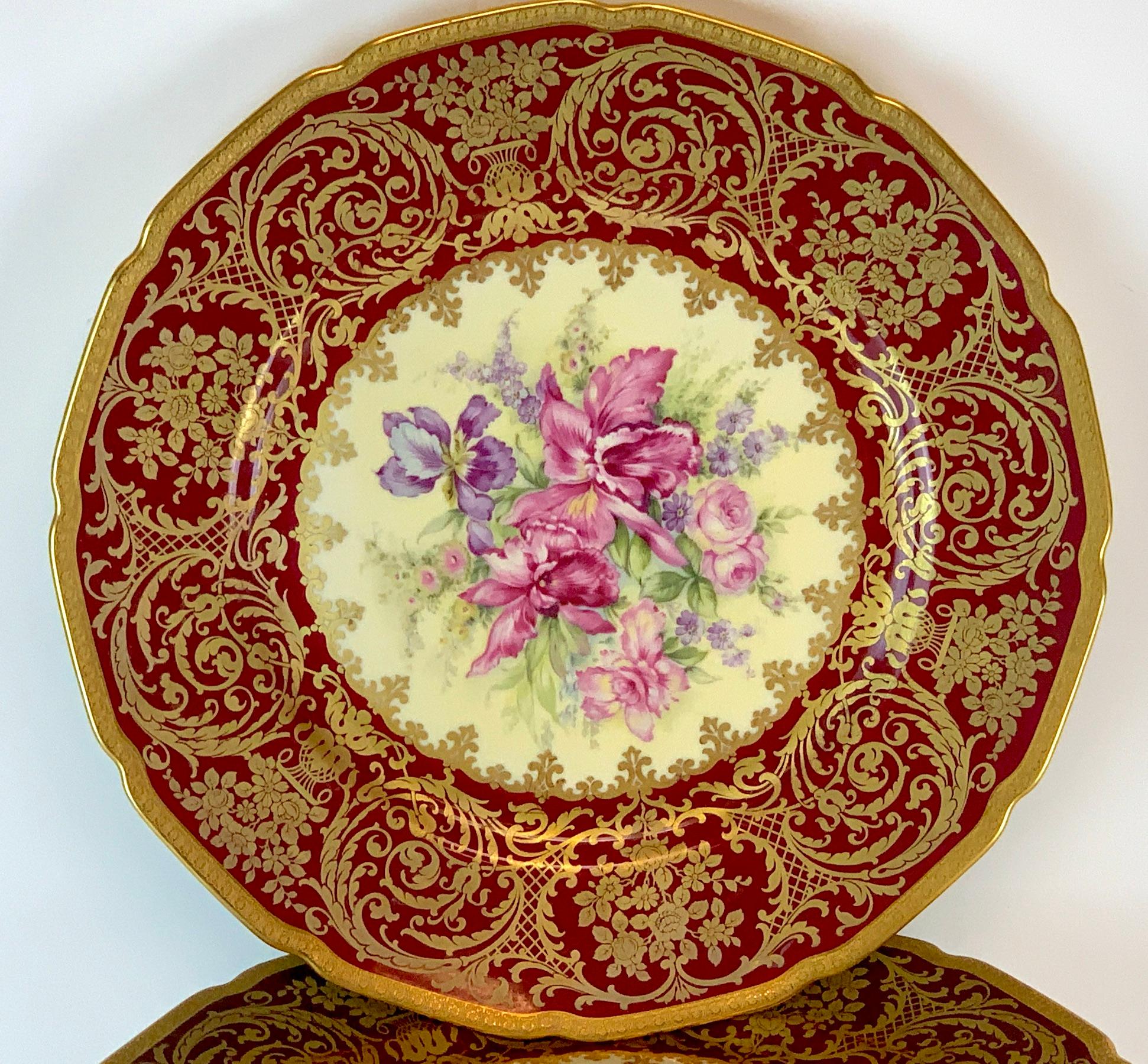 German 13 Exquisite Rosenthal Garnet Gilt Orchid & Floral Service Plates, Special Order For Sale
