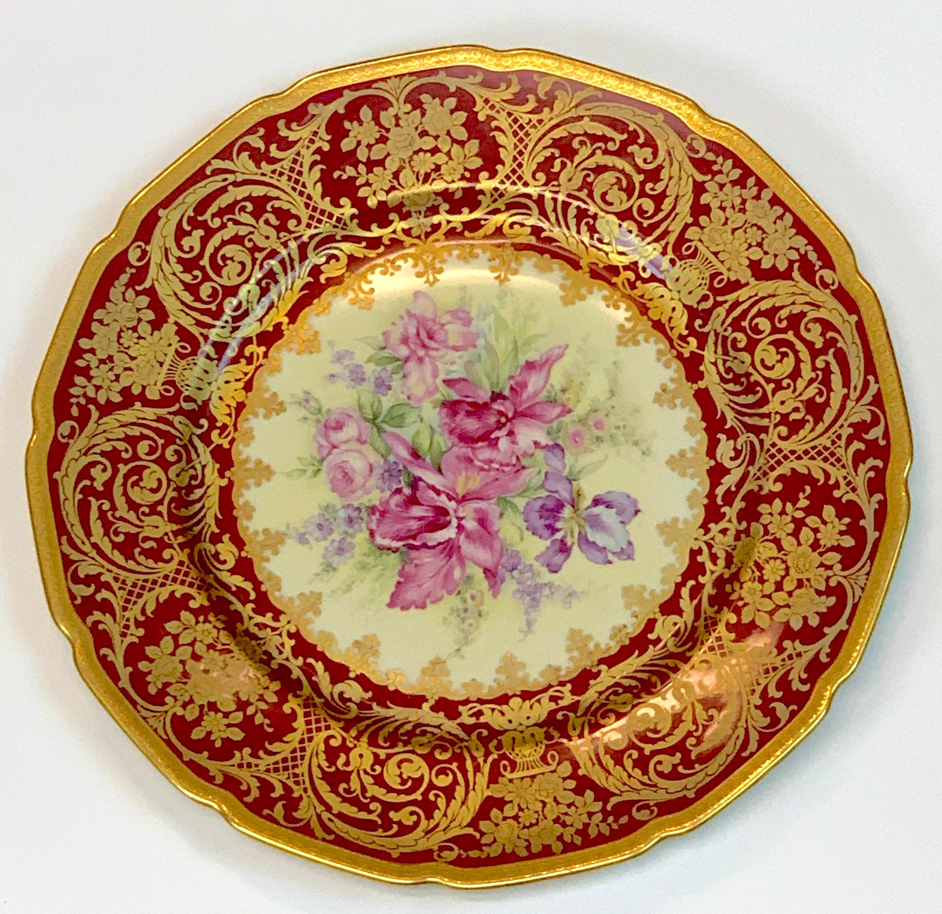 13 Exquisite Rosenthal Garnet Gilt Orchid & Floral Service Plates, Special Order In Good Condition In West Palm Beach, FL