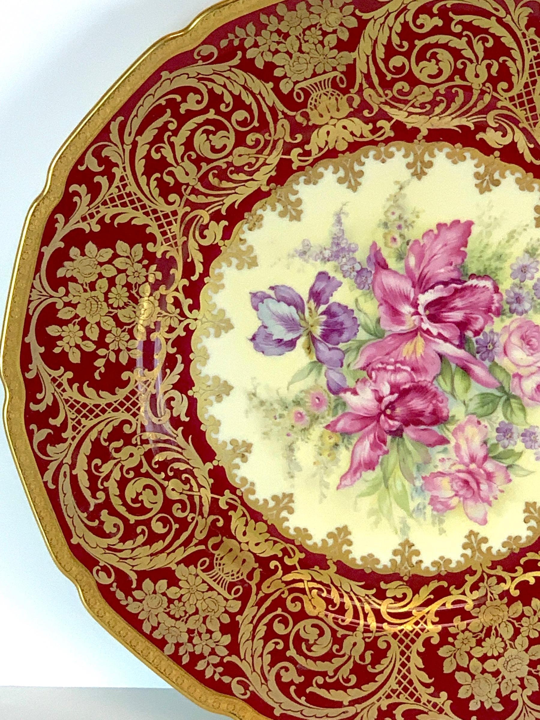 20th Century 13 Exquisite Rosenthal Garnet Gilt Orchid & Floral Service Plates, Special Order