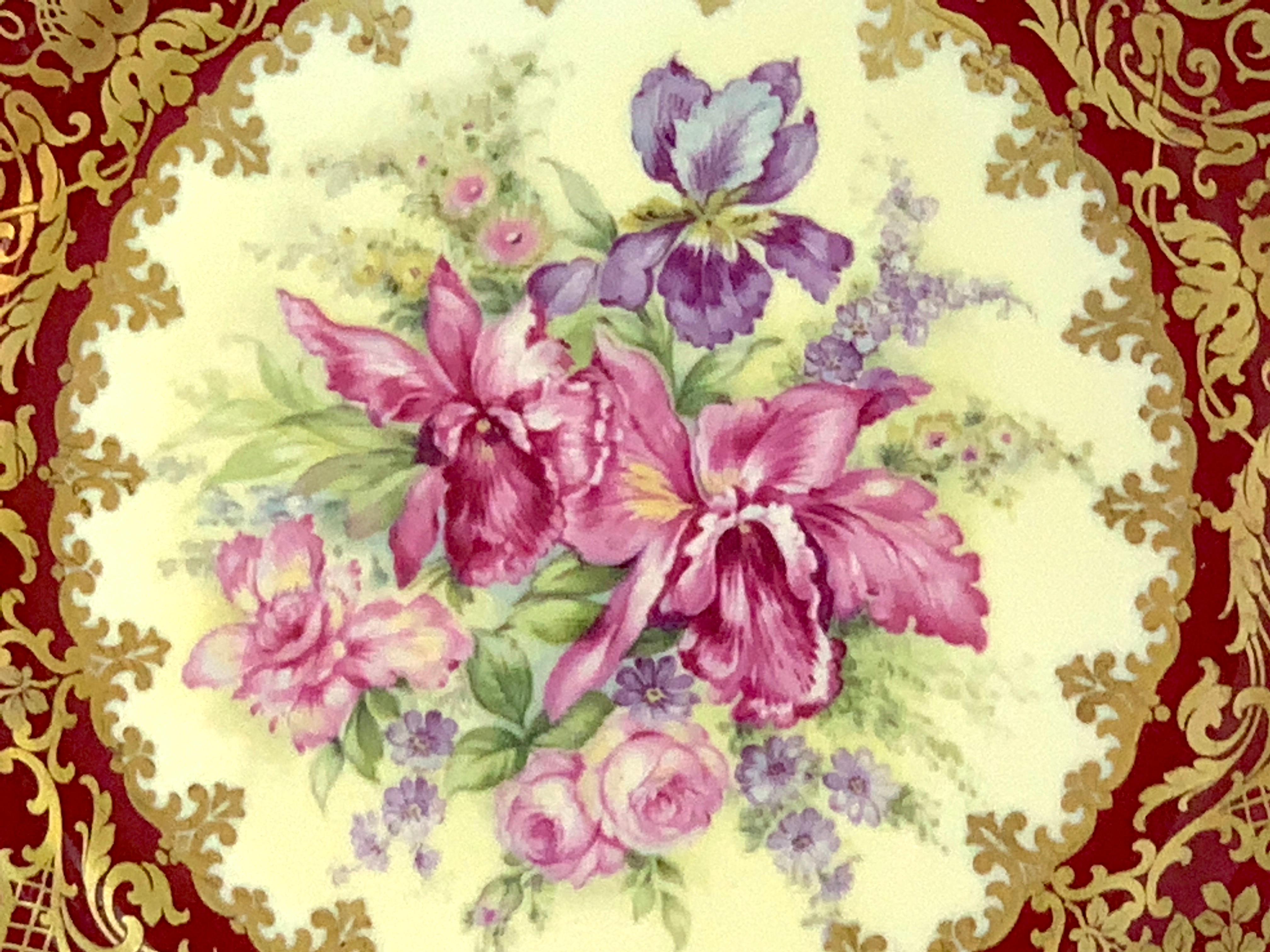 Porcelain 13 Exquisite Rosenthal Garnet Gilt Orchid & Floral Service Plates, Special Order For Sale