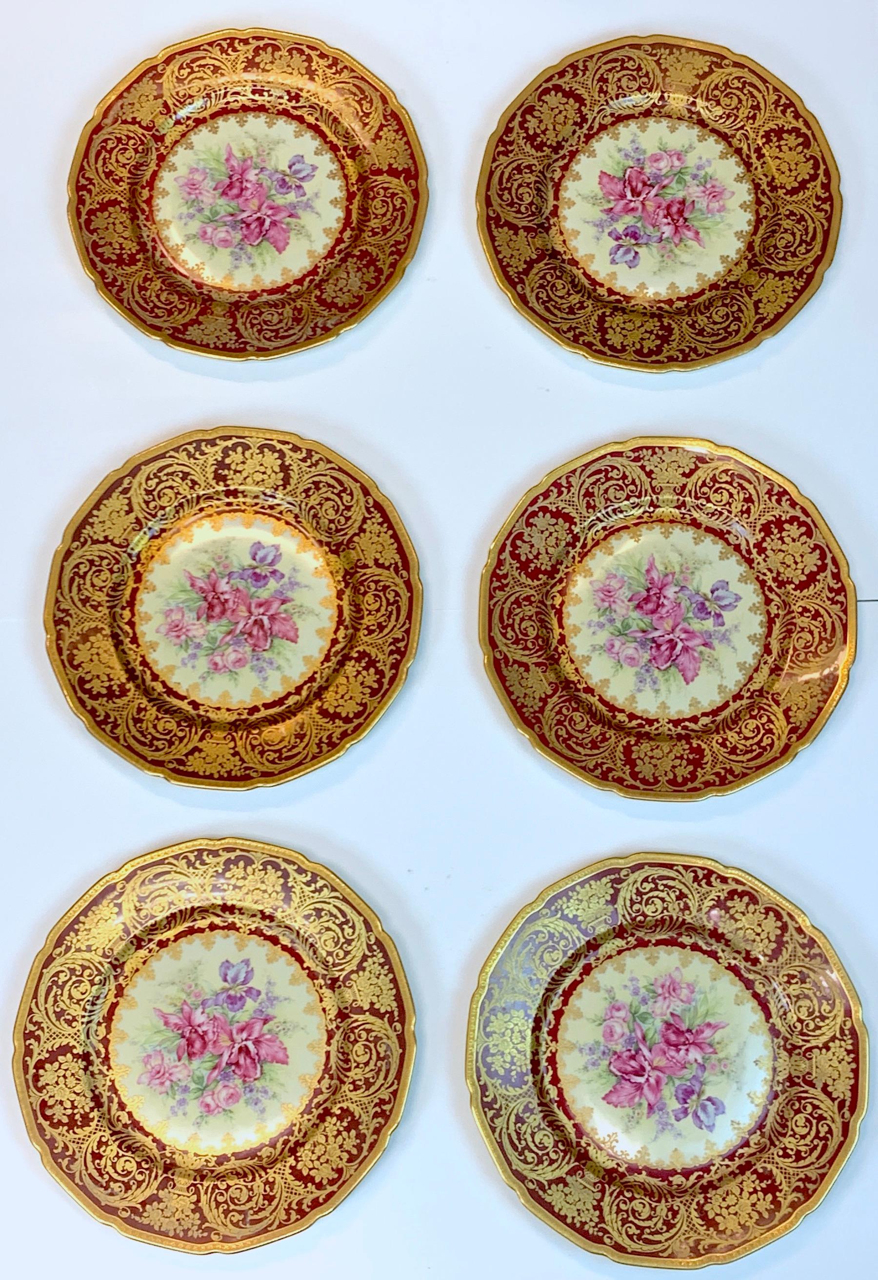 Porcelaine 13 exquises assiettes de service dorées orchidées et florales Rosenthal Garnet, commande spéciale en vente