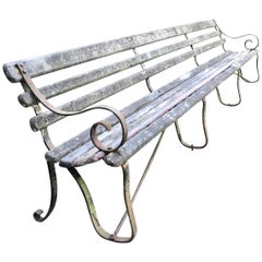 Antique Long English 19th Century Wood and Wrought Iron Railway Station Bench