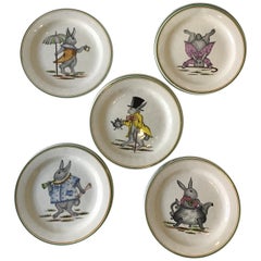13 Hand Painted 1970s Italian Rabitt Dishes