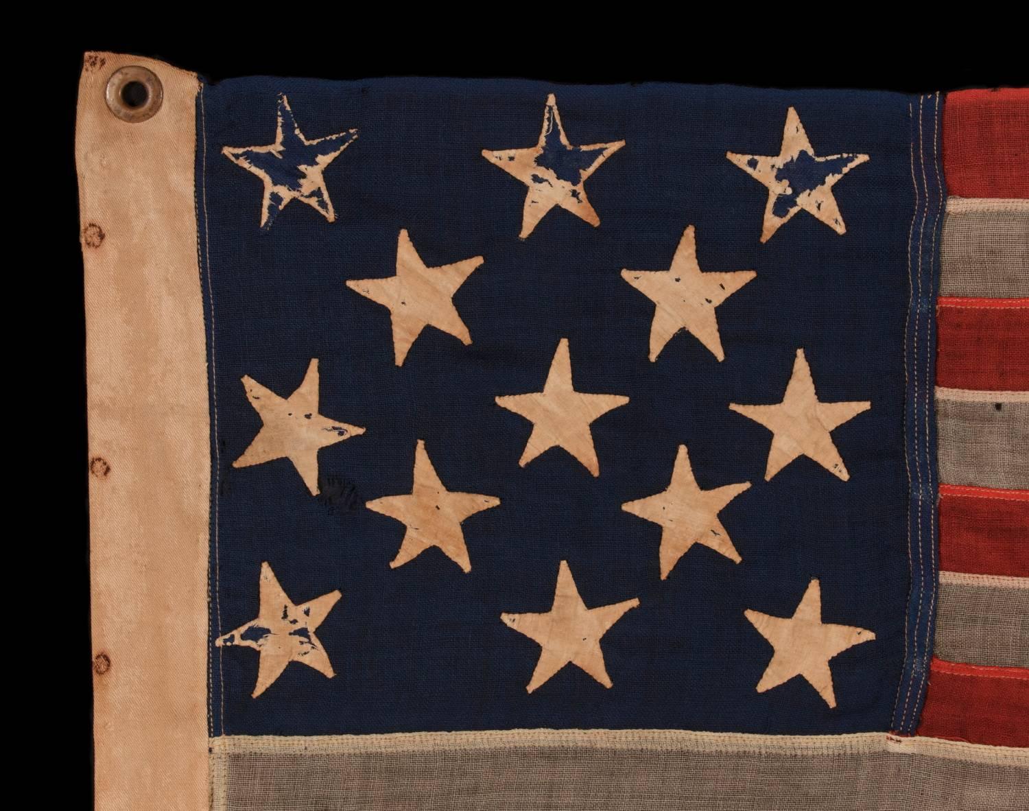13 Hand-Sewn Stars in a 3-2-3-2-3 Pattern on an Antique American Flag In Good Condition In York County, PA