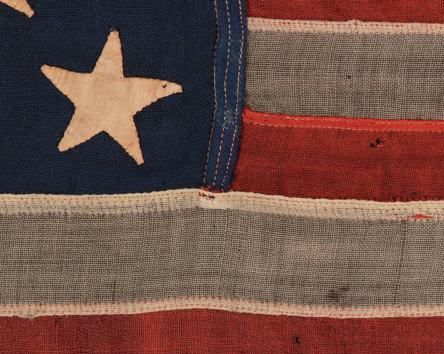 Mid-19th Century 13 Hand-Sewn Stars in a 3-2-3-2-3 Pattern on an Antique American Flag