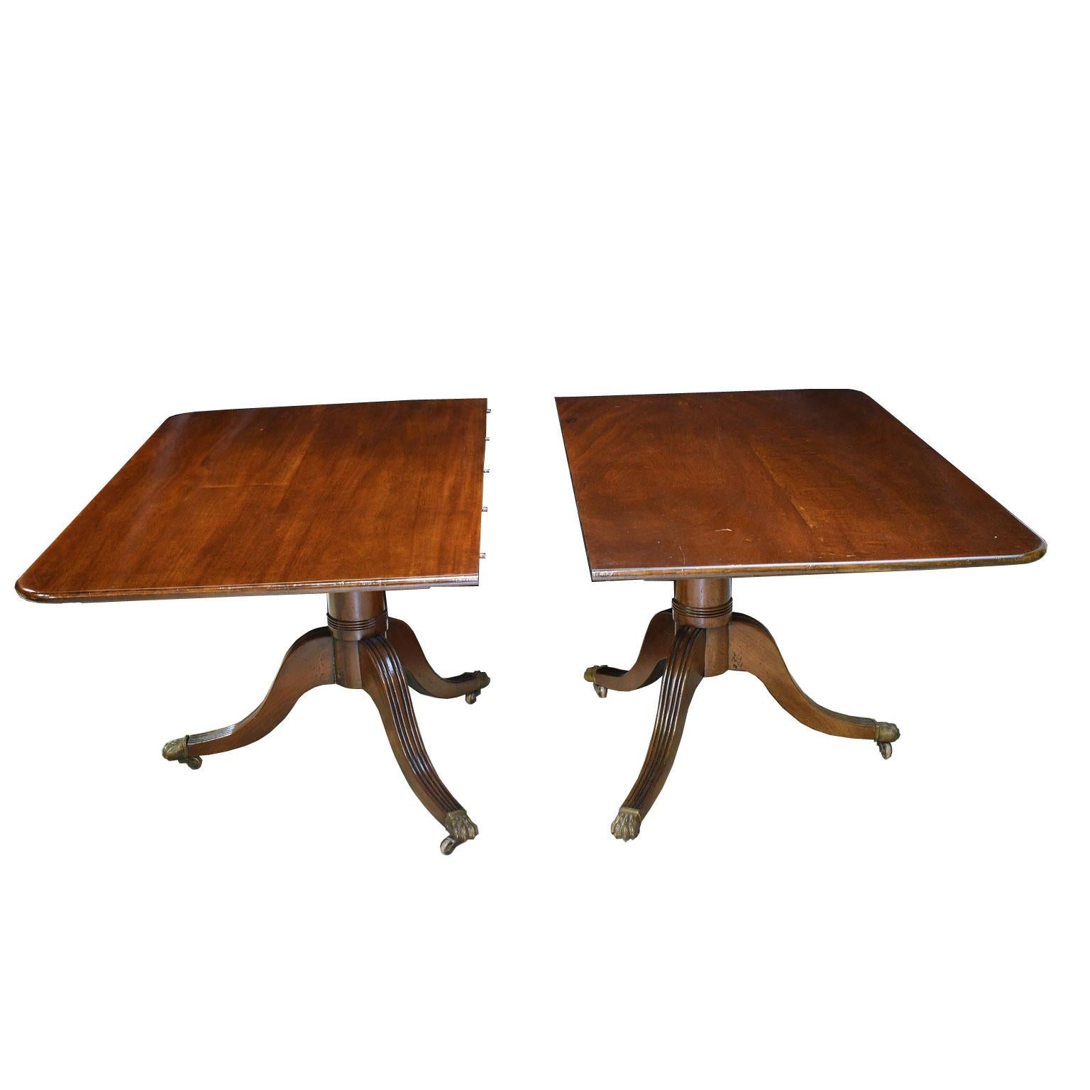 13' English Sheraton Dining Table in Mahogany, 3 Pedestals, 2 Leaves, circa 1850 6