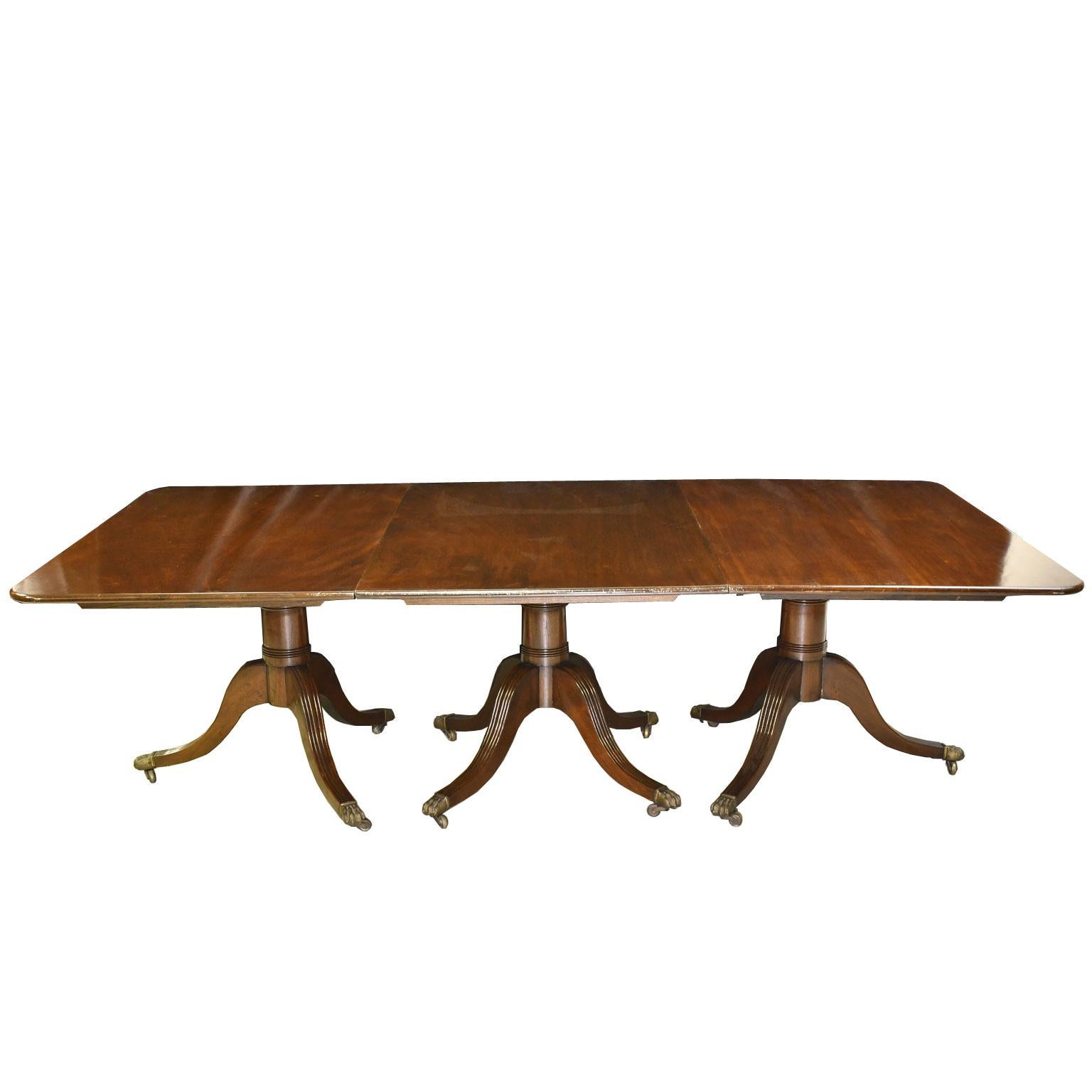 Hand-Carved 13' English Sheraton Dining Table in Mahogany, 3 Pedestals, 2 Leaves, circa 1850