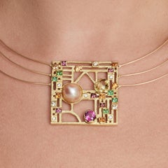 Pearl, Citrine, Garnet, Tourmaline, Diamond, and Gold Necklace, in Stock