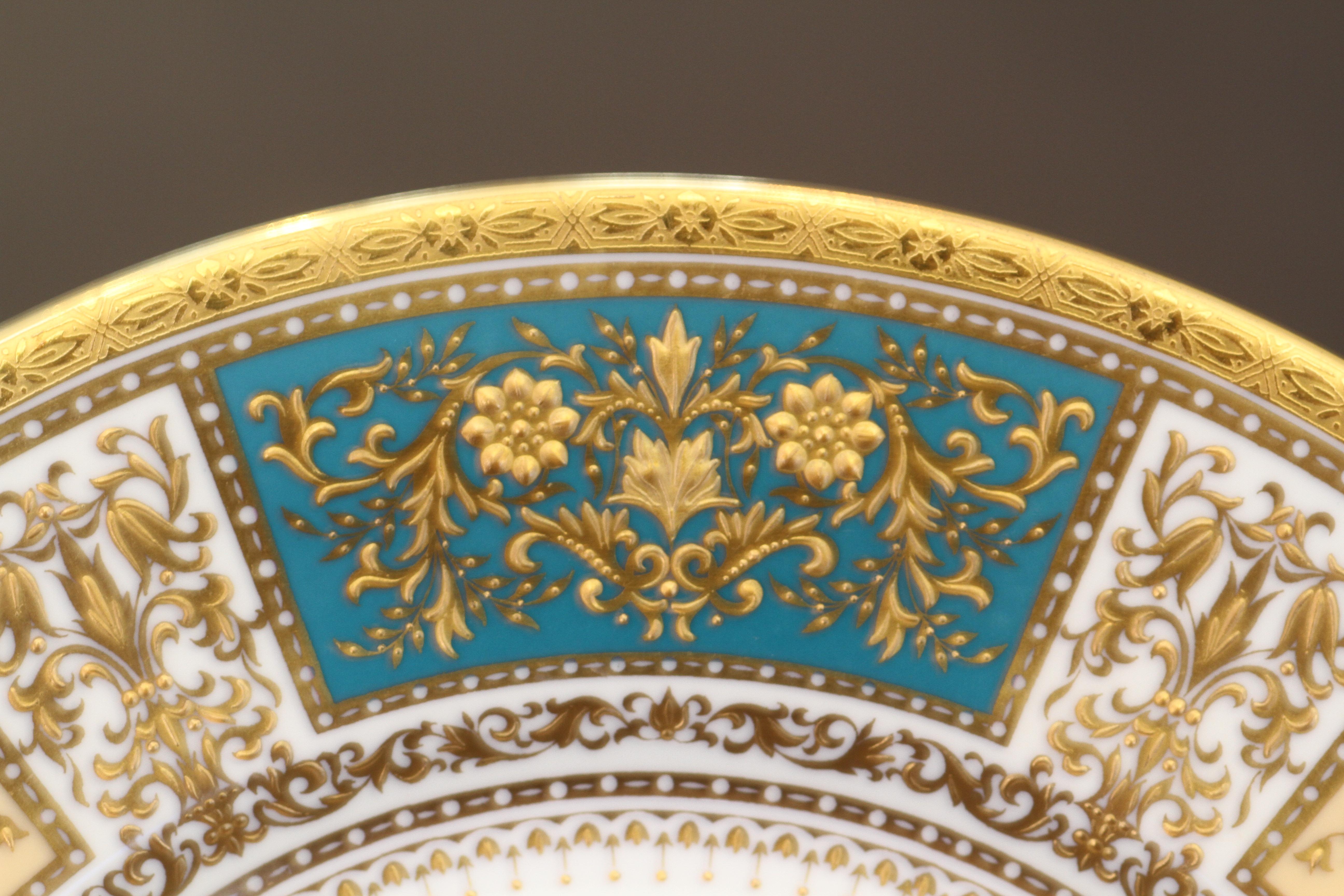 English 13 Minton for Tiffany Master-Gilder Turquoise Plates For Sale