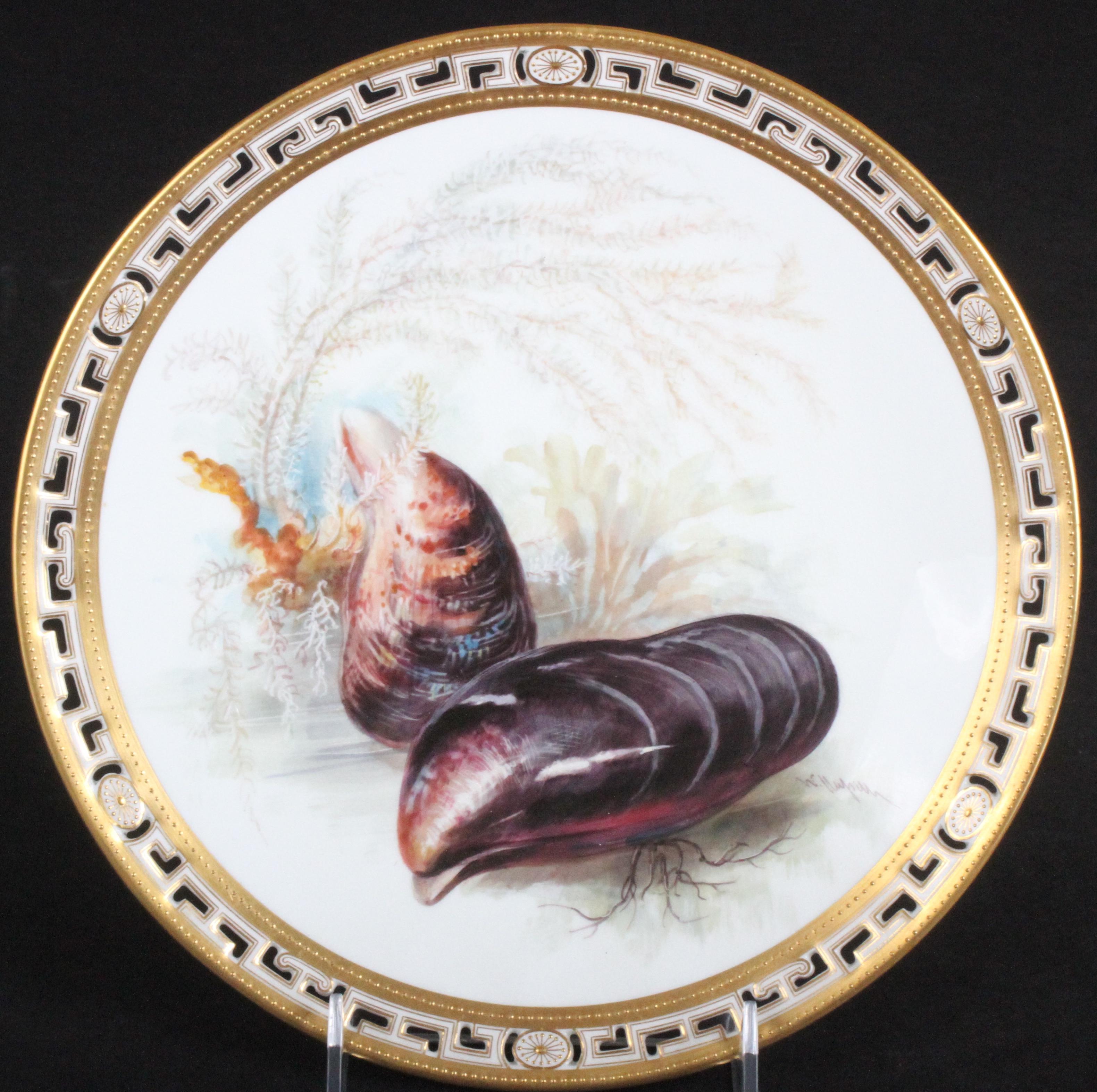 Aesthetic Movement 13 Minton Tropical Aquatic Cabinet Plates by Artist William Mussill For Sale
