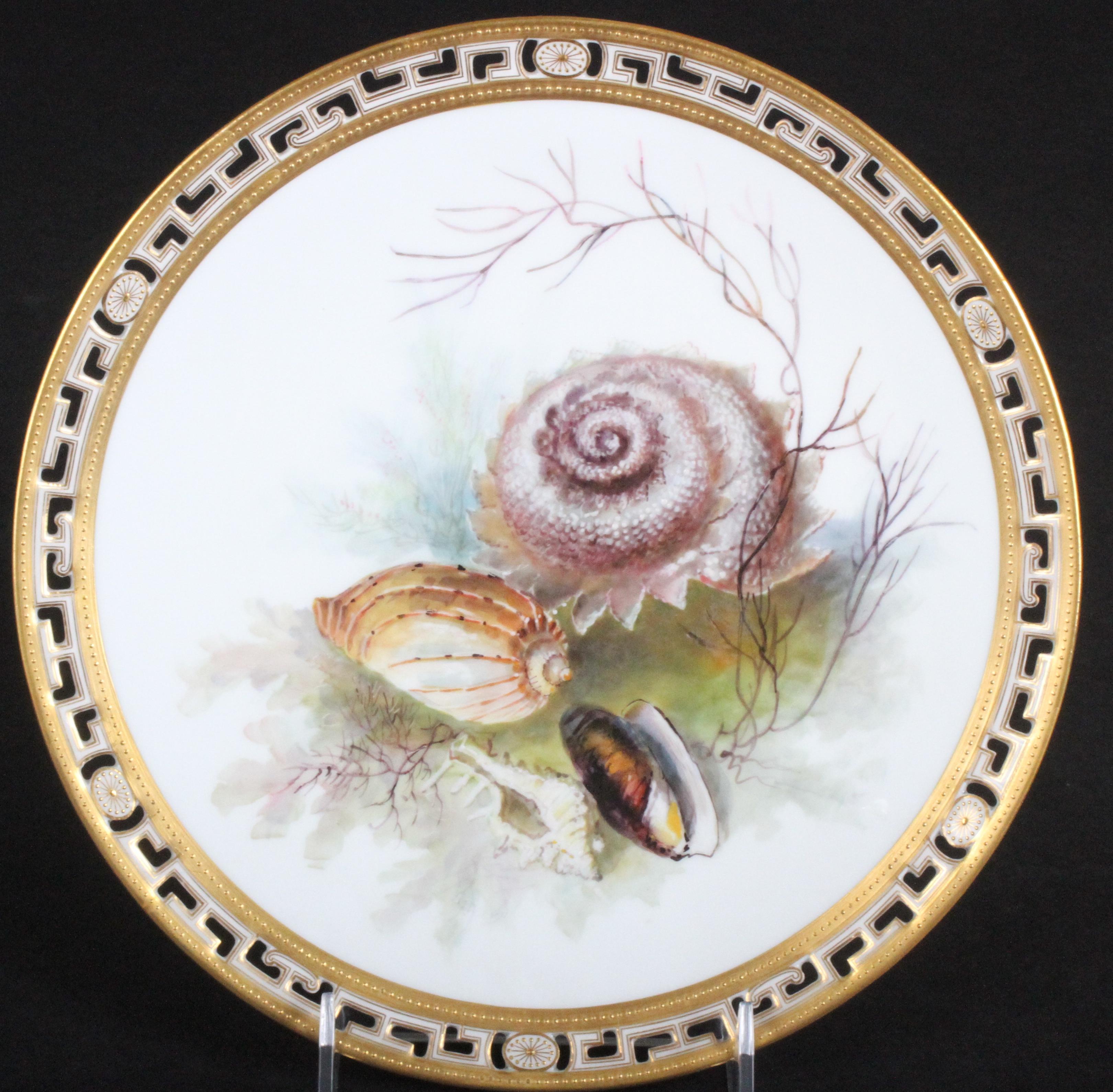 Hand-Painted 13 Minton Tropical Aquatic Cabinet Plates by Artist William Mussill For Sale