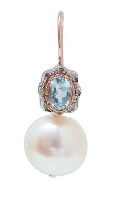 Orecchini 13 Mm 3Perle, acquamarina, diamanti, oro rosa e argento.