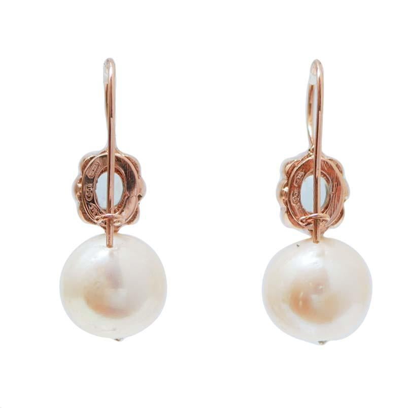 Rétro Orecchini 13 Mm 3Perle, acquamarina, diamanti, oro rosa e argento. in vendita