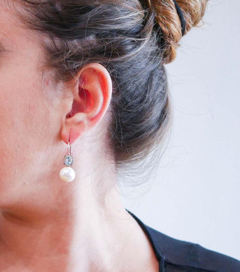 Taglio misto Orecchini 13 Mm 3Perle, acquamarina, diamanti, oro rosa e argento. in vendita